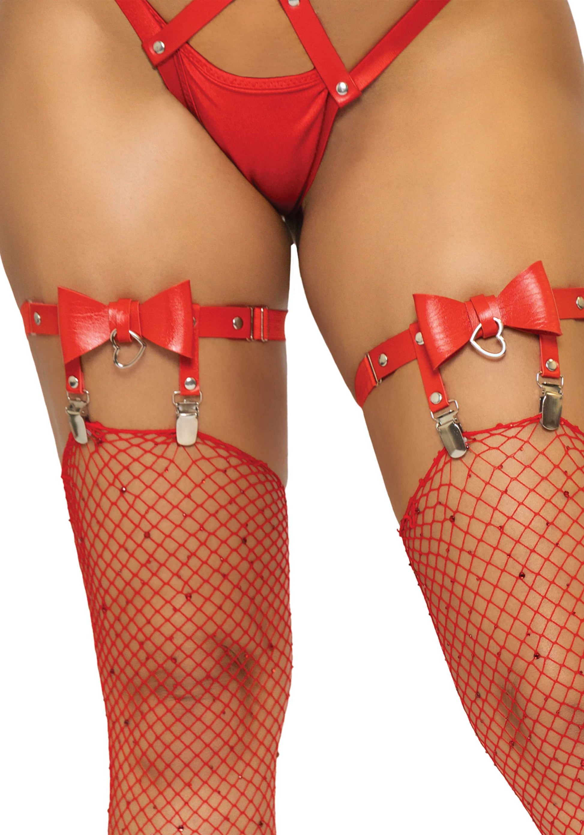 Leg Avenue 2334 Bow Leg Garters - Red vegan leather leg garters with bows, silver studs, adjustable elasticated straps and silver heart ring gem, perfect for holding up your favourite stockings.