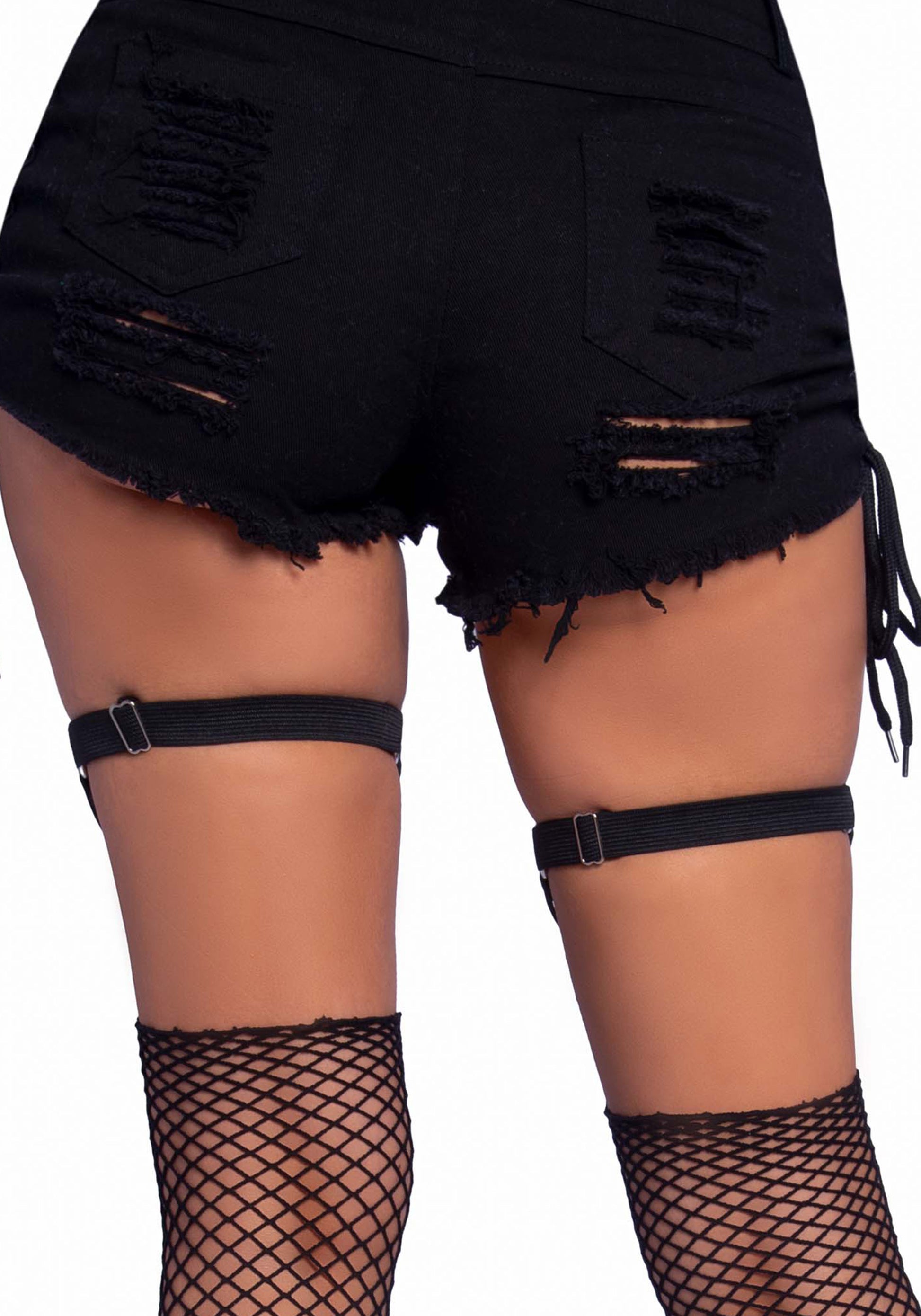 Leg Avenue 2783 Bat O-Ring Garter - Black faux leather bat style studded adjustable thigh high garter suspenders with chain detail, ideal for wearing with stockings and thigh-high socks.