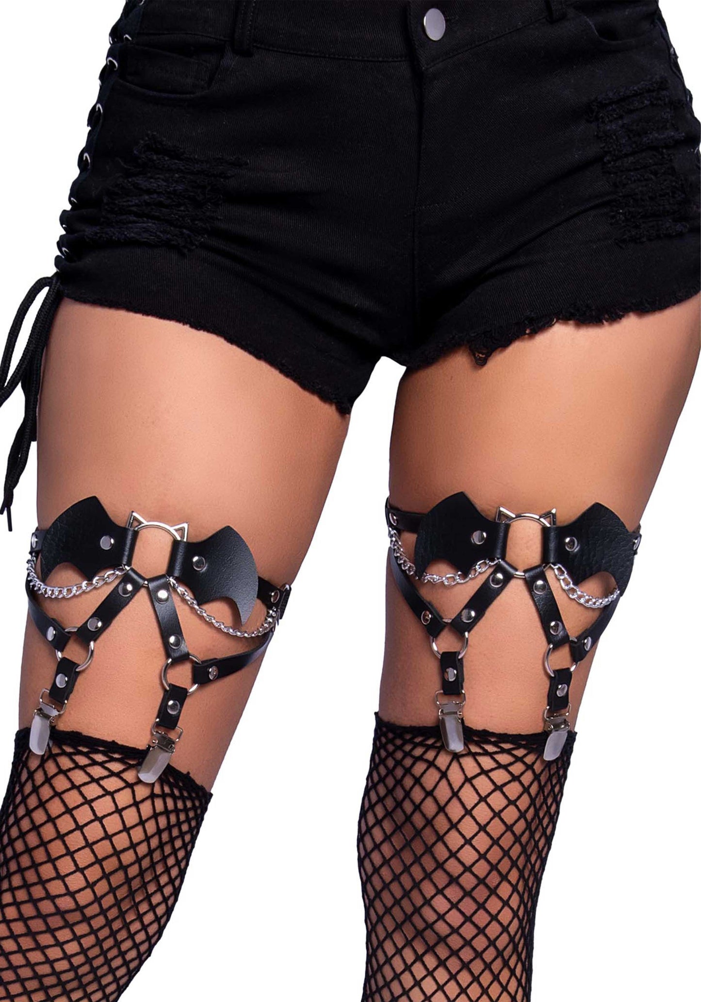 Leg Avenue 2783 Bat O-Ring Garter - Black faux leather bat style studded adjustable thigh high garter suspenders with chain detail, ideal for wearing with stockings and thigh-high socks.
