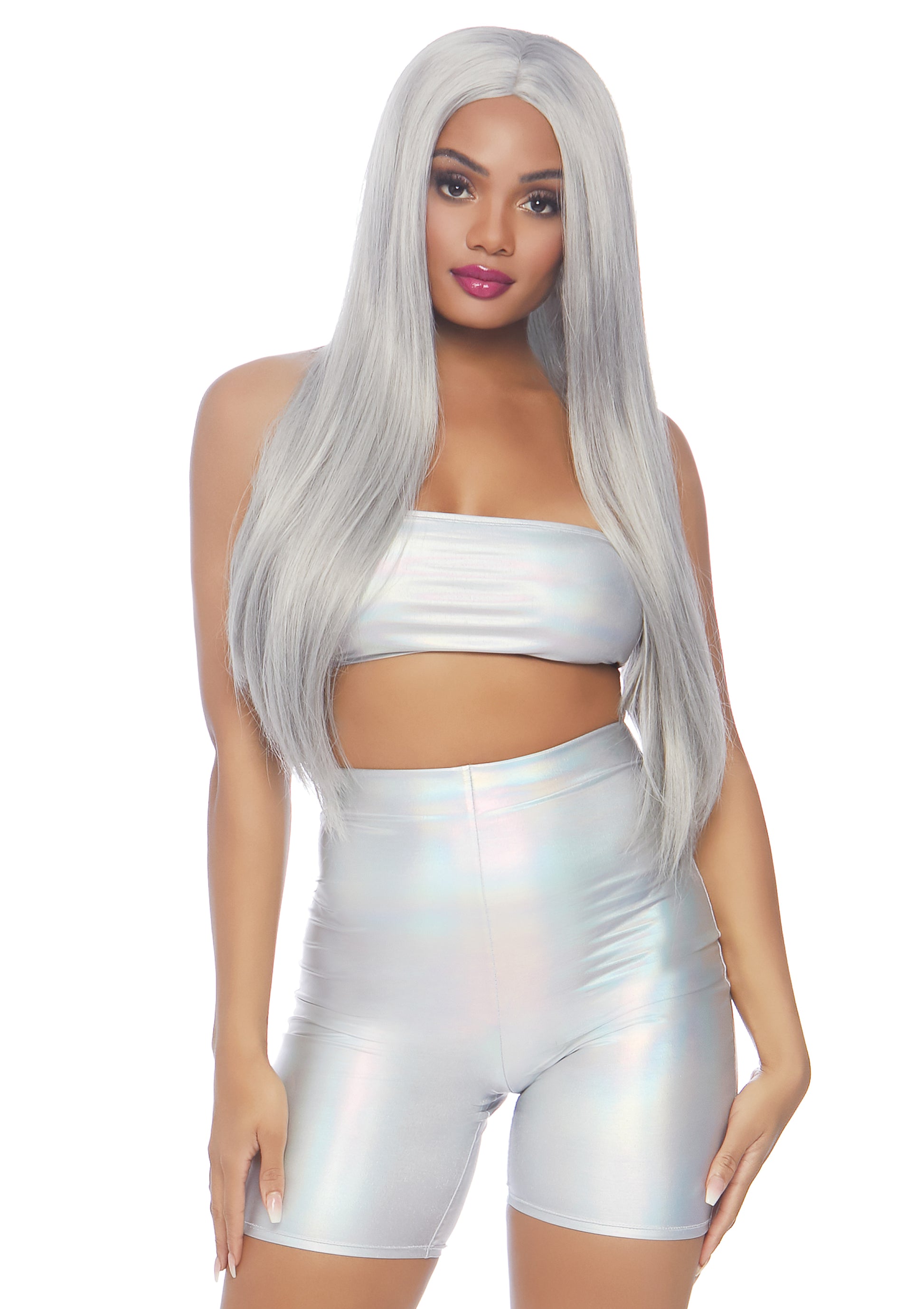 Leg Avenue 3776 Holographic Bandeau & Shorts Set - Holographic metallic silver spandex bandeau top and matching high waisted bike shorts.