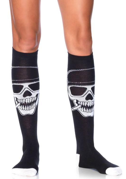 Leg Avenue 5603 Biker Babe Skeleton Socks - Black knee length socks with white smoking skulls on the front of the leg (shins), white toe and heel.
