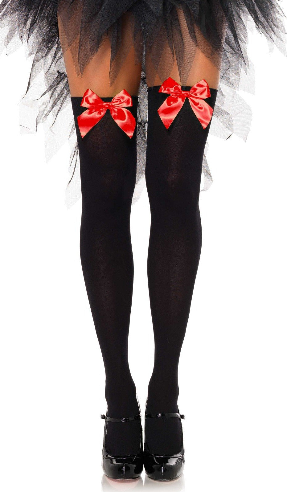 Leg Avenue 6255 Bow Stockings - black opaque thigh high socks with red satin bow