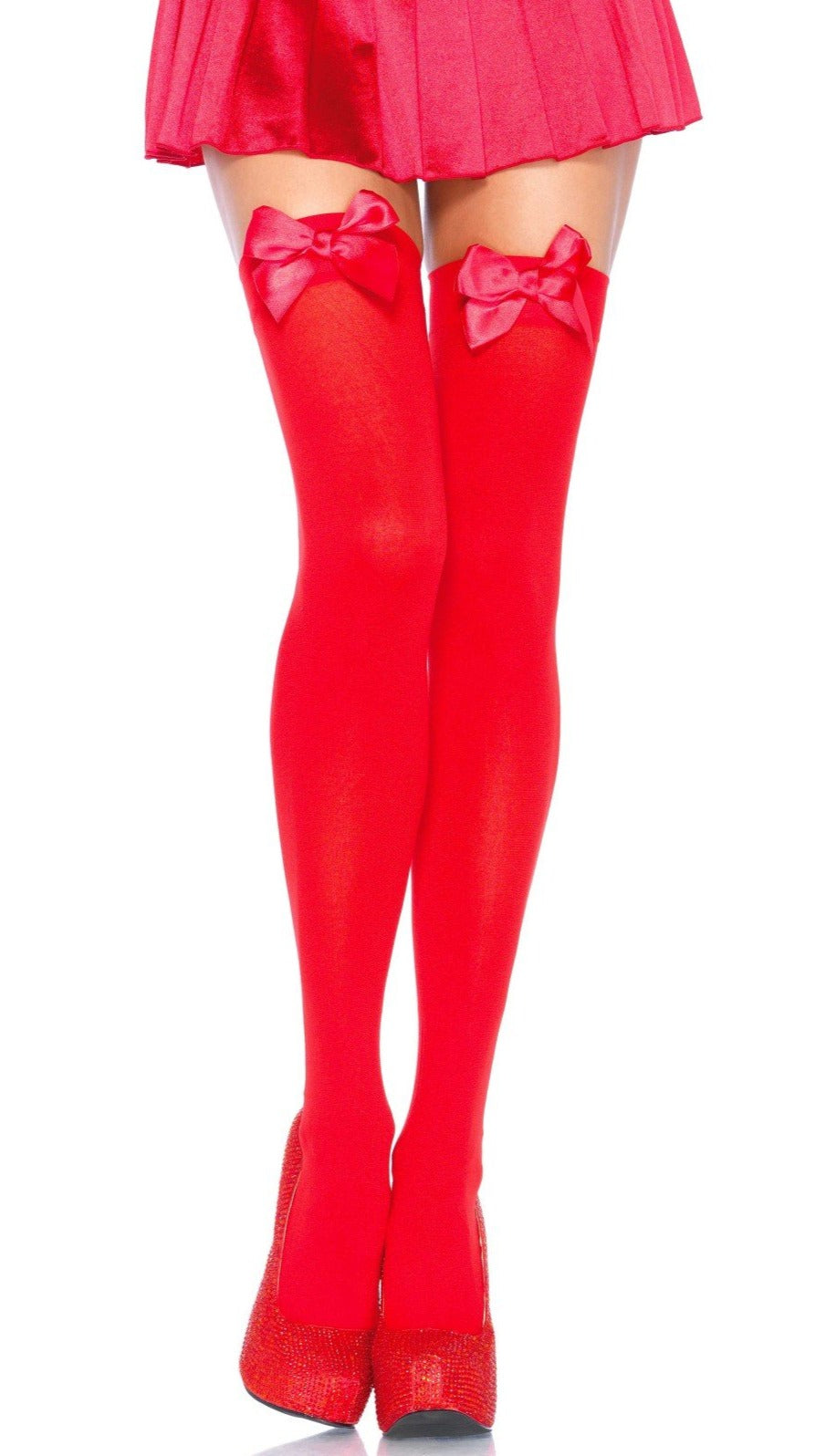 Leg Avenue 6255 Bow Stockings - red opaque thigh high socks with red satin bow