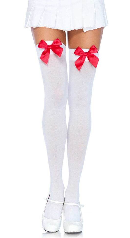 Leg Avenue 6255 Bow Stockings - white opaque thigh high socks with red satin bow