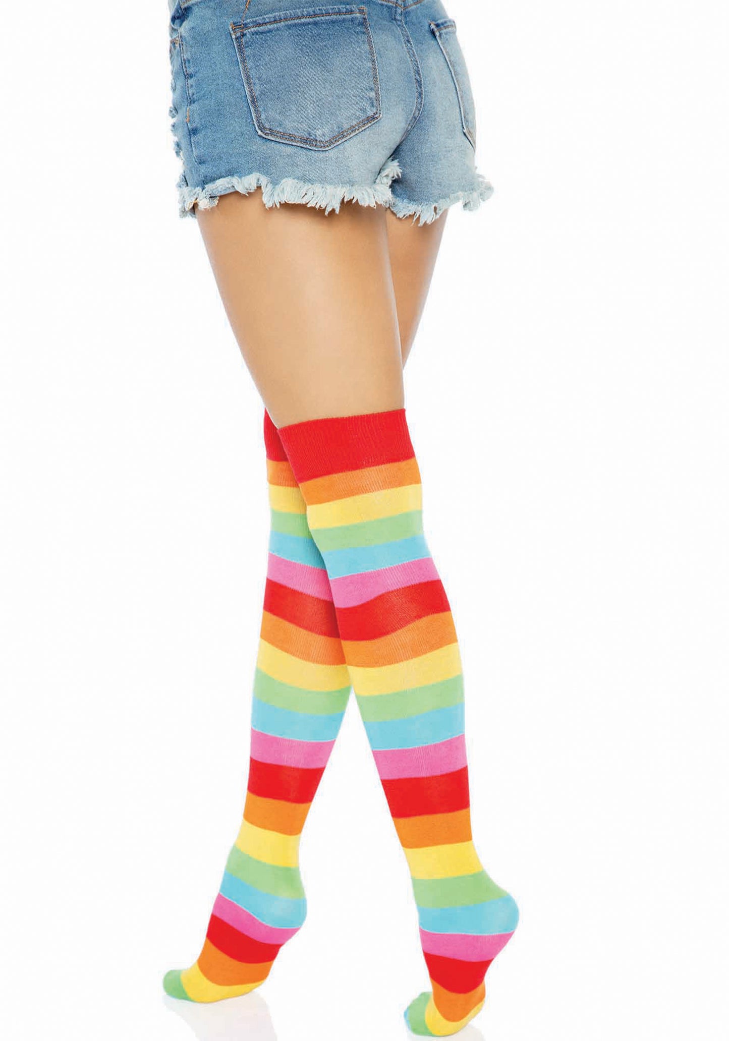 Leg Avenue 6334 Rainbow Thigh-High Socks - Multicoloured horizontal stripe over the knee socks with elasticated cuff.