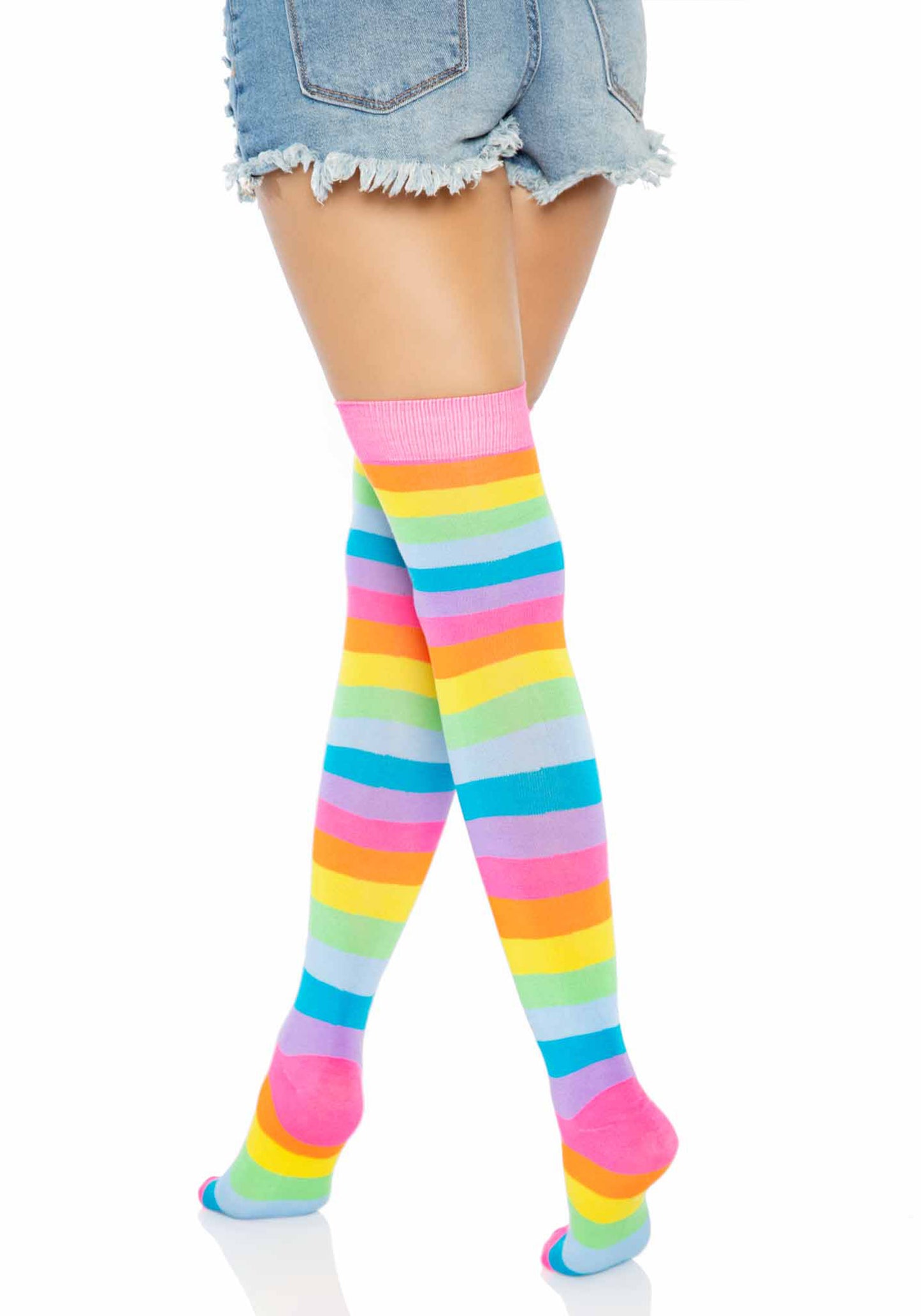 Leg Avenue 6600 Rainbow Over The Knee Socks - Multicoloured horizontal stripe thigh high socks with elasticated cuff.