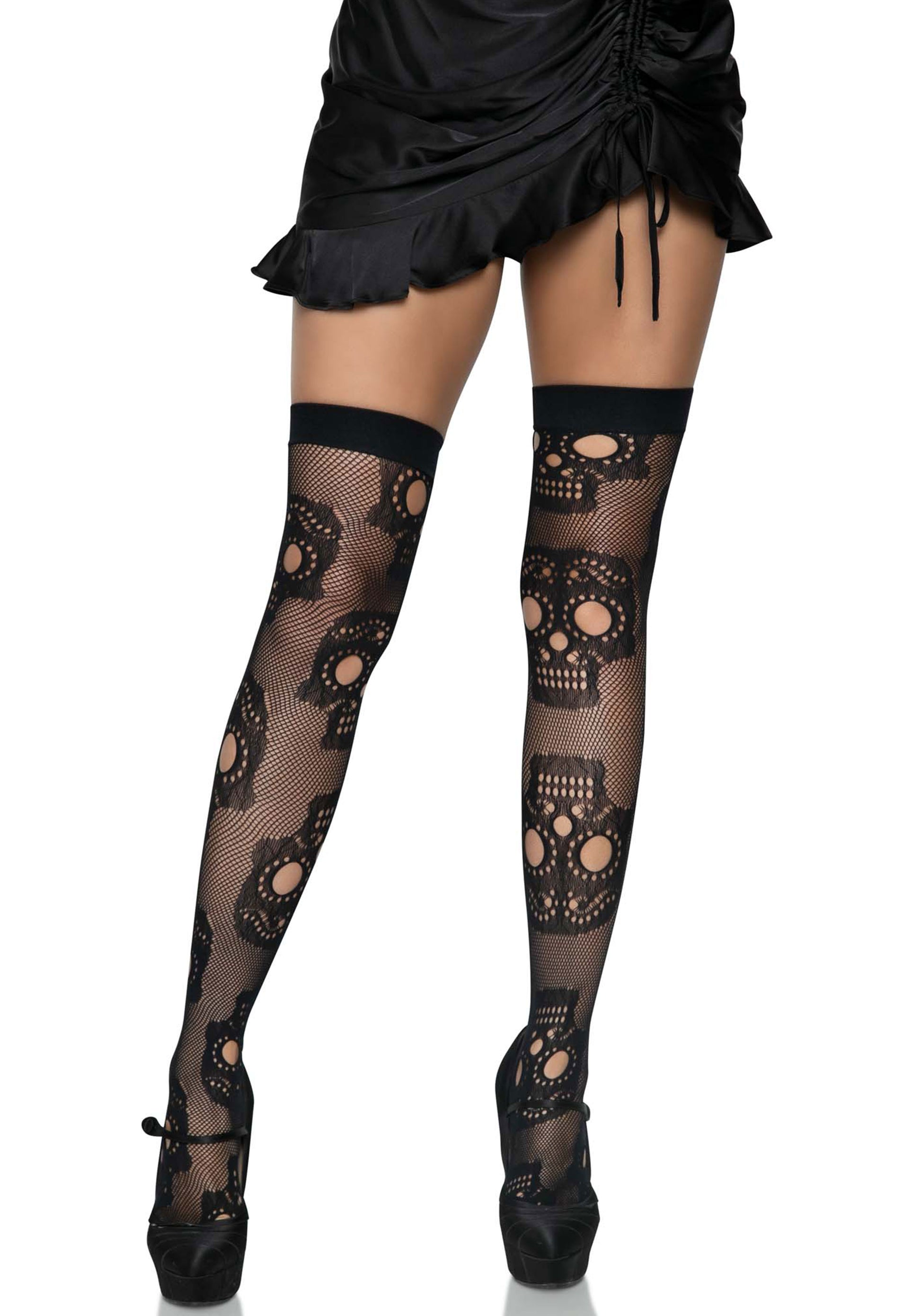 Leg Avenue 6626 Skull Net Thigh Highs - Black openwork fishnet thigh high socks with skull pattern and reinforced toe.