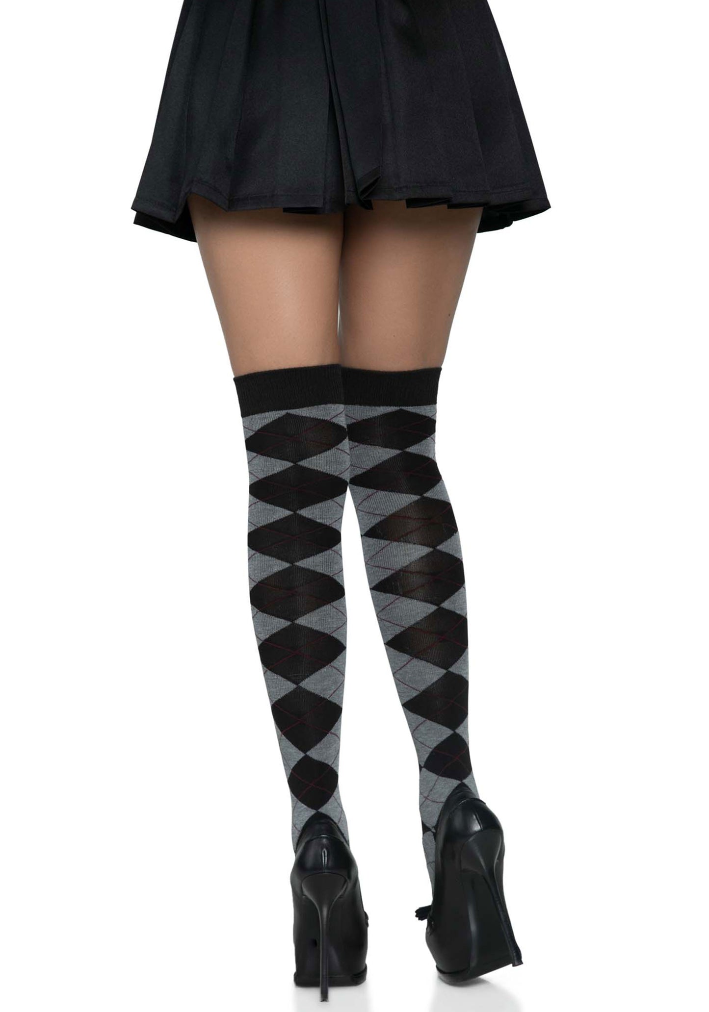 Leg Avenue Argyle Thigh Highs - Black and grey knitted argyle diamond golf style patterned over the knee socks.