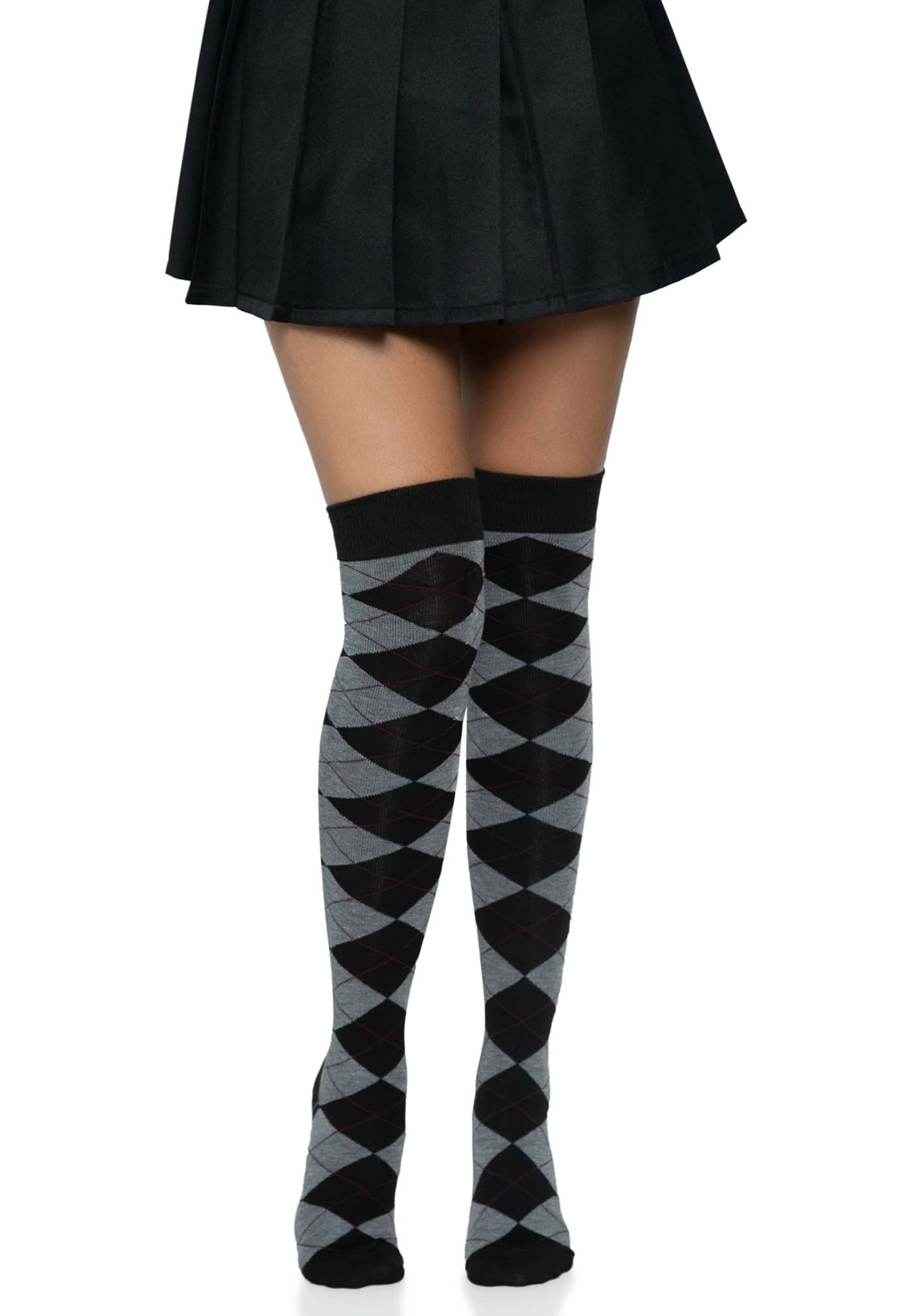 Leg Avenue Argyle Thigh Highs - Black and grey knitted argyle diamond golf style patterned over the knee socks.