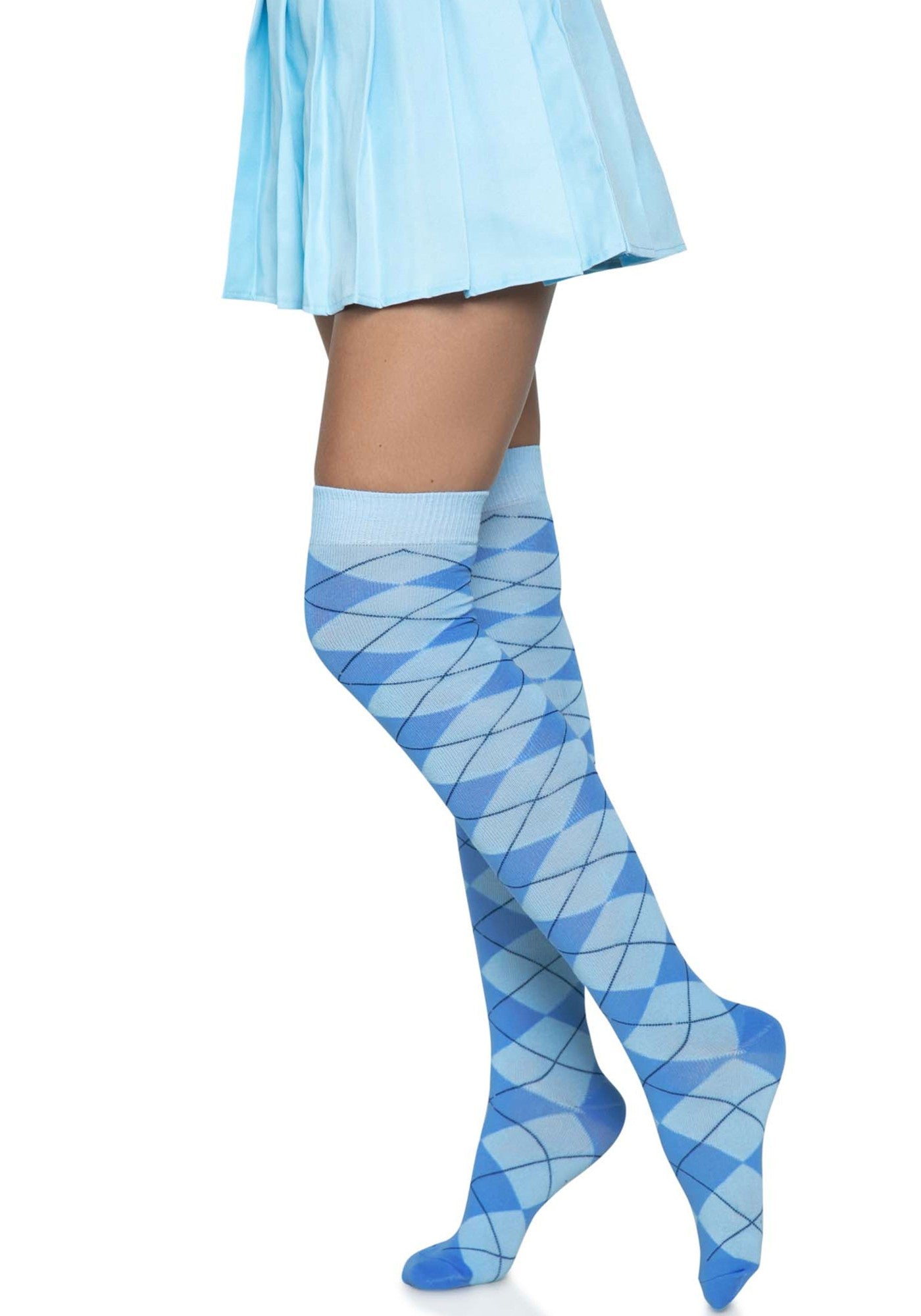 Leg Avenue Argyle Thigh Highs - Blue knitted argyle diamond golf style patterned over the knee socks.