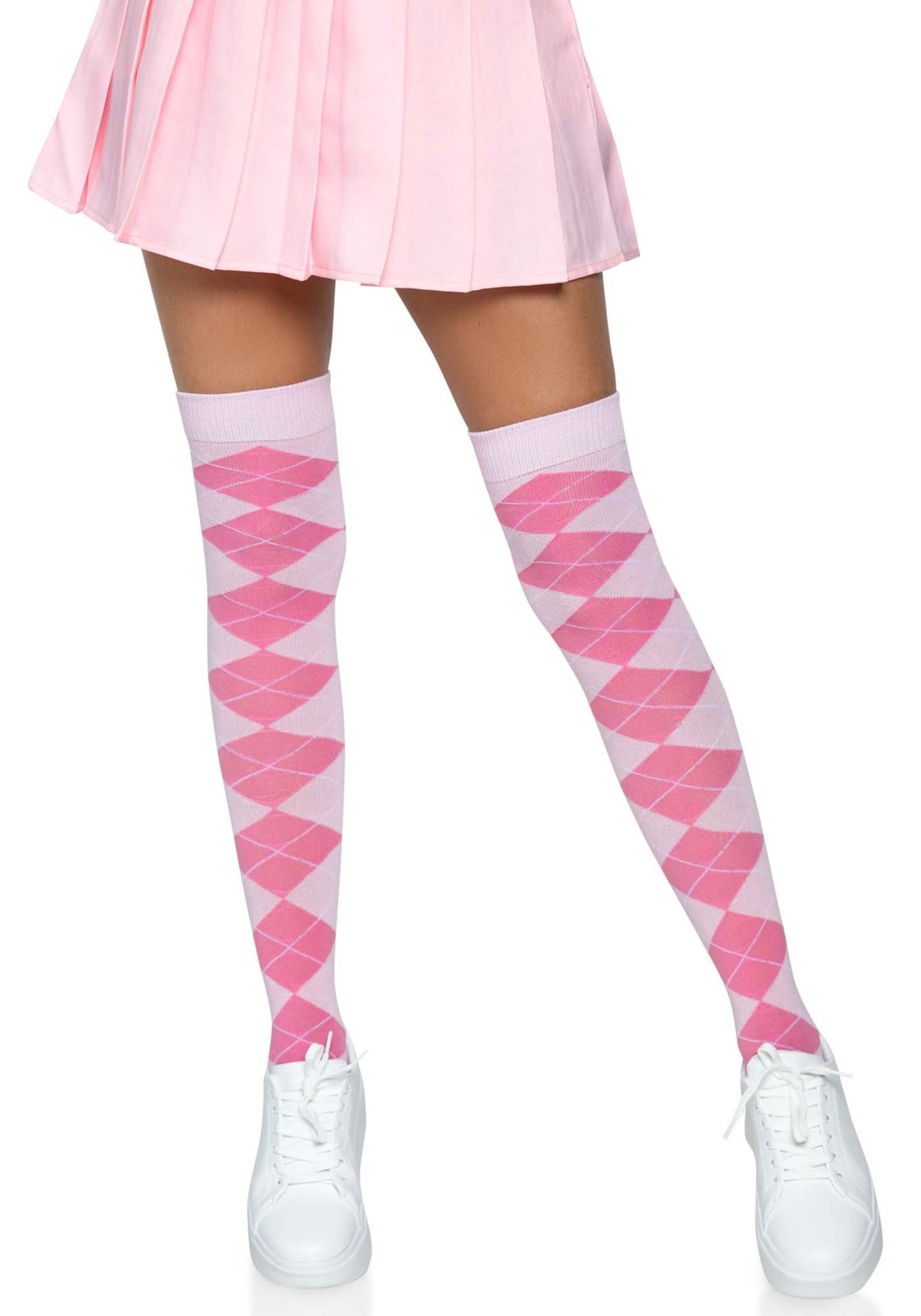 Leg Avenue Argyle Thigh Highs - Pink knitted argyle diamond golf style patterned over the knee socks.