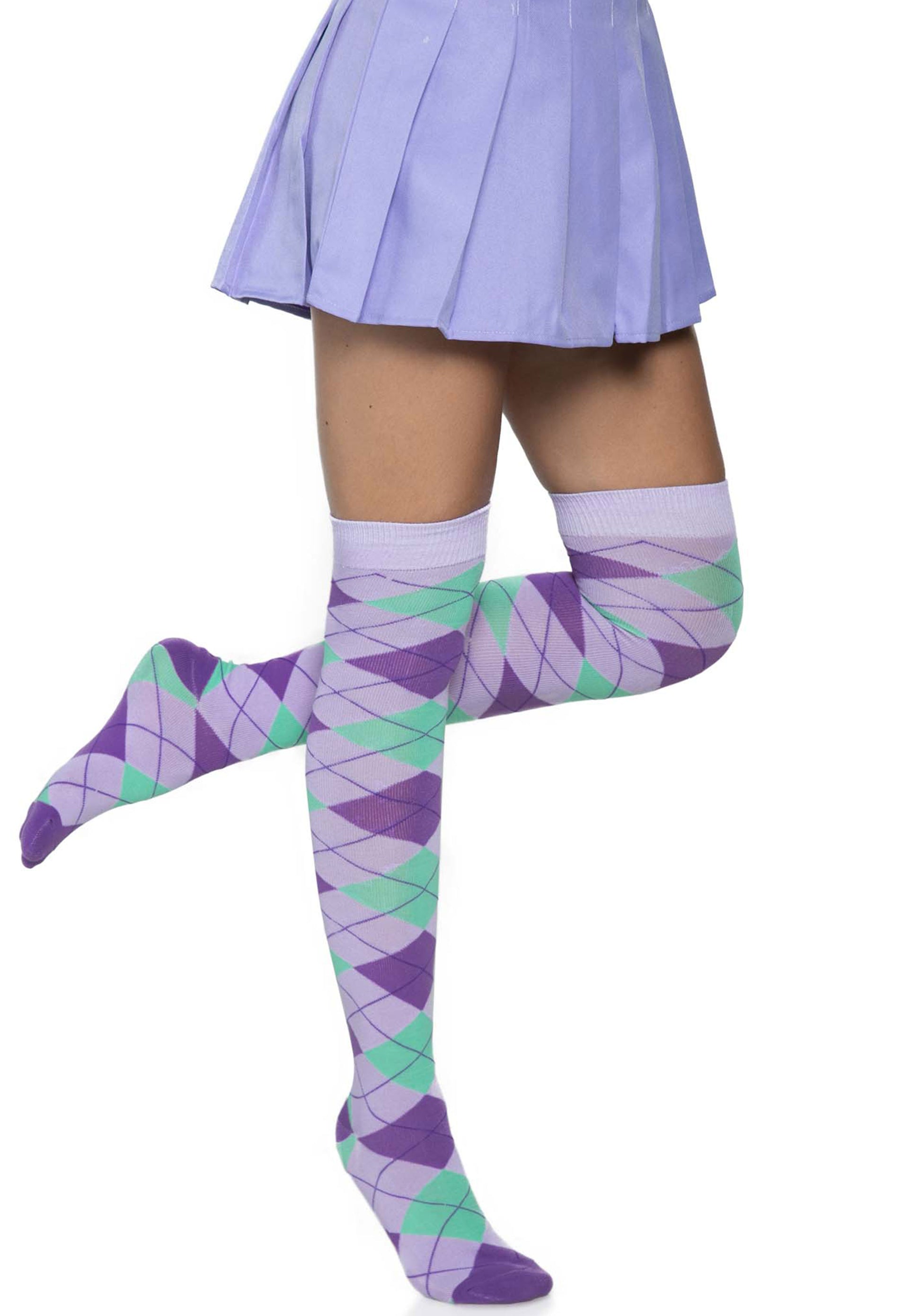 Leg Avenue Argyle Thigh Highs - Purple, lilac and mint green knitted argyle diamond golf style patterned over the knee socks.