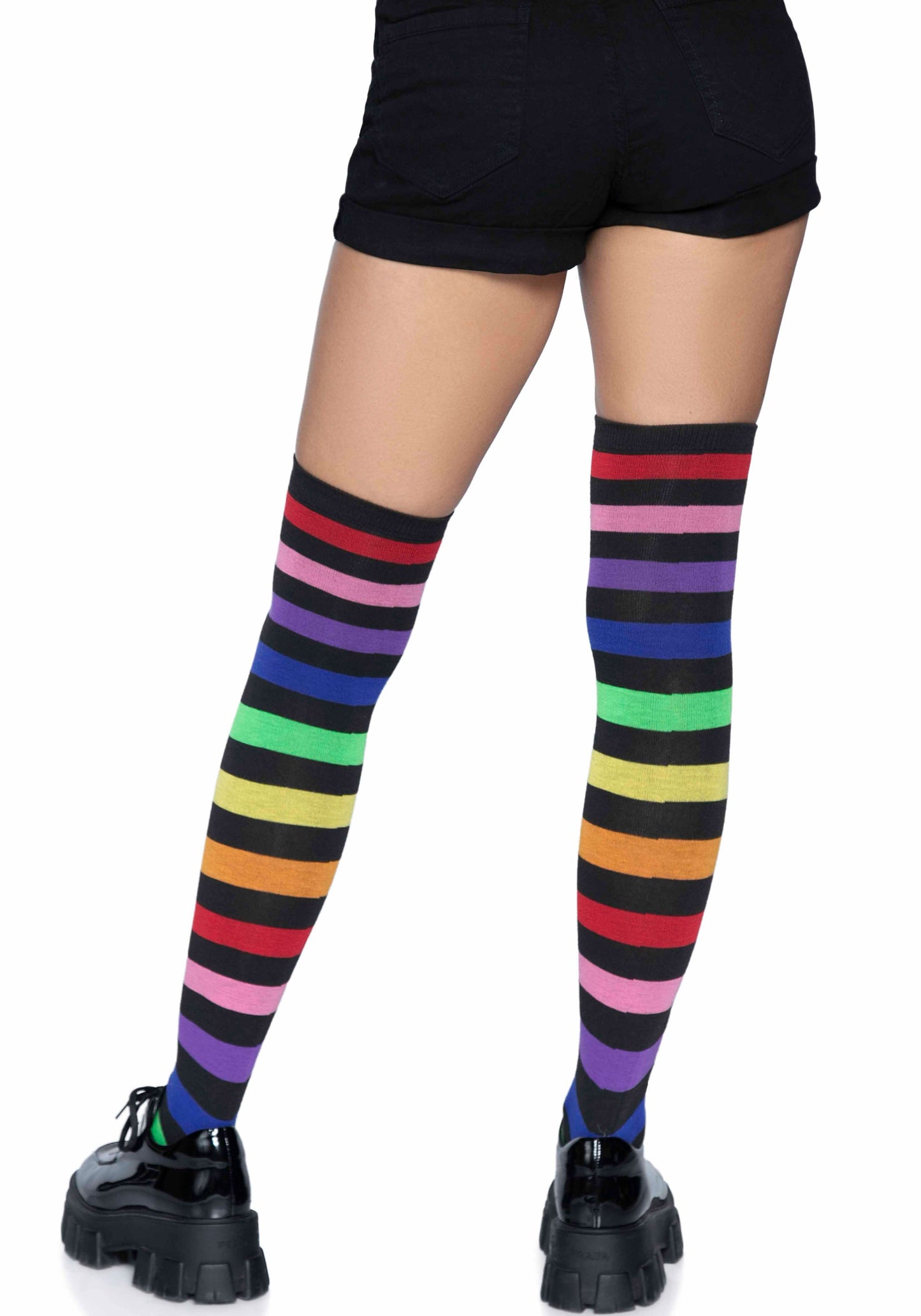 Leg Avenue 6927 Rainbow Thigh Highs - Black over the knee/thigh high socks with multicoloured rainbow horizontal stripes.