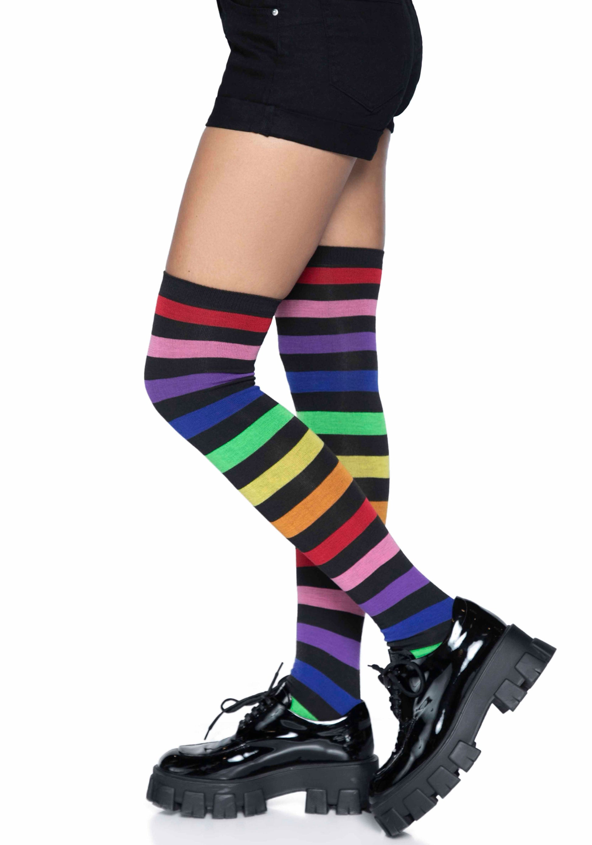 Leg Avenue 6927 Rainbow Thigh Highs - Black over the knee/thigh high socks with multicoloured rainbow horizontal stripes.