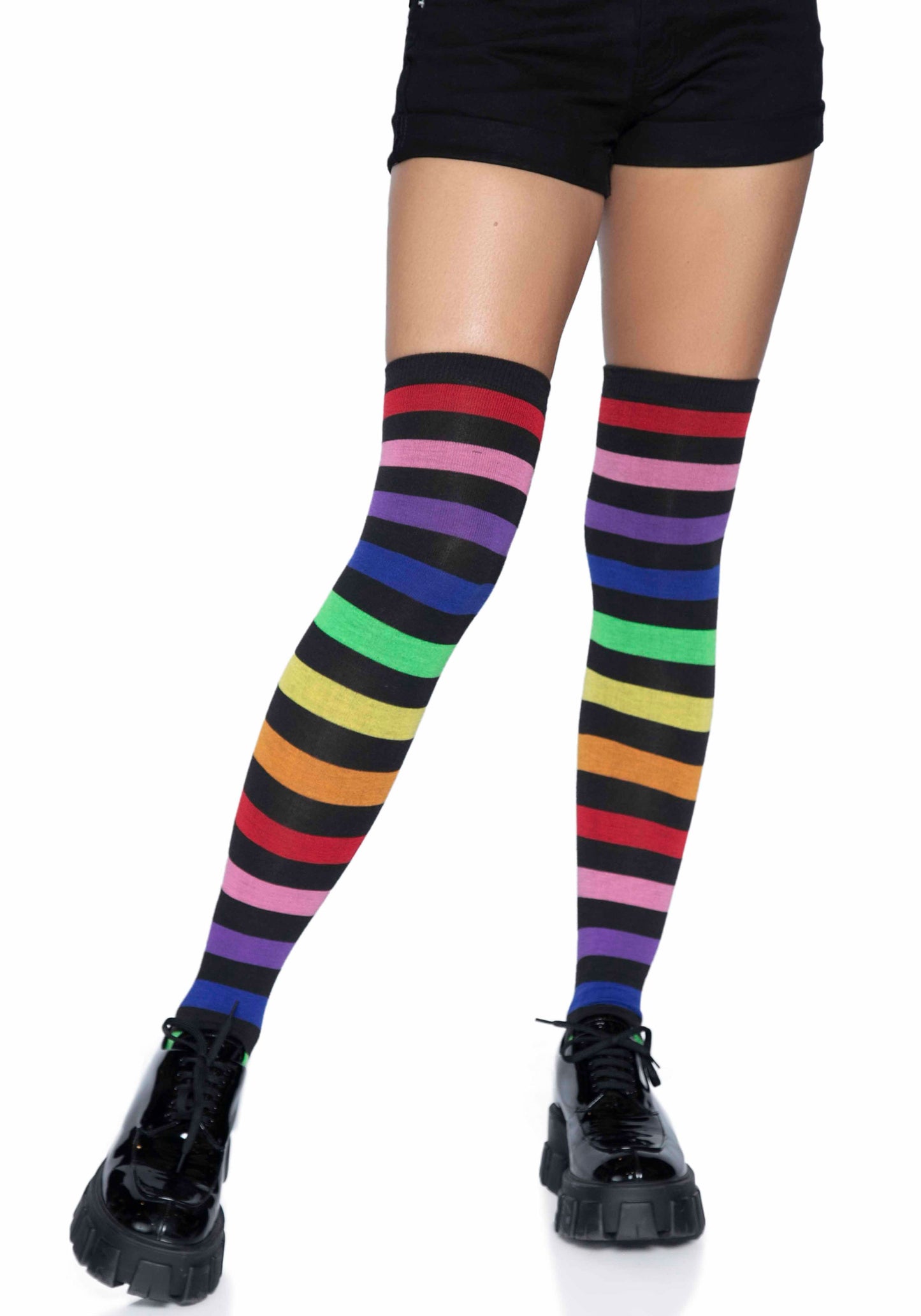 Leg Avenue 6927 Rainbow Thigh Highs - Black over the knee/thigh high socks with multicoloured rainbow horizontal stripes.