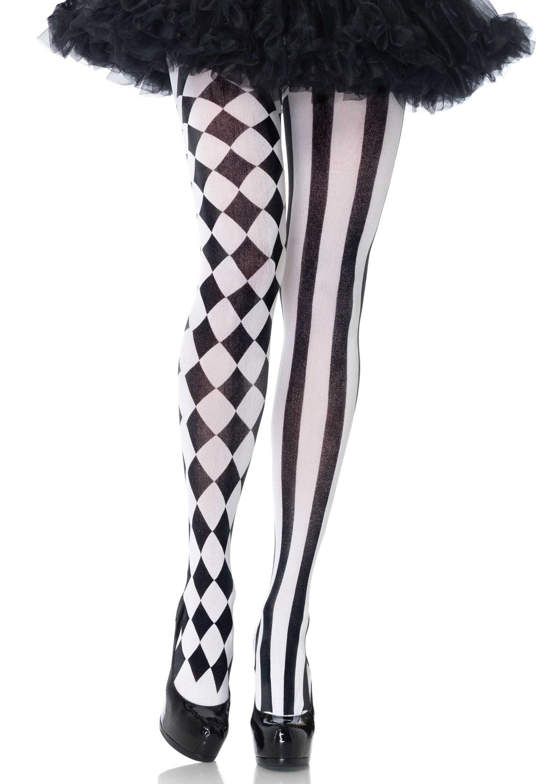 Leg Avenue 7720 Harlequin Tights - White opaque tights with a black print, one leg has vertical stripes and the other is a checkered pattern. Perfect for Halloween. Worn with black tutu and black patent heel shoes.