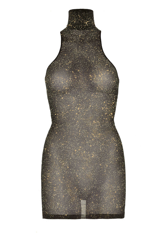 Leg Avenue 86101 Lurex Dress - Black semi-opaque turtle neck dress with sparkly gold lame' throughout, perfect for the party season. Please note that this item is transparent and made from a nylon tights material.