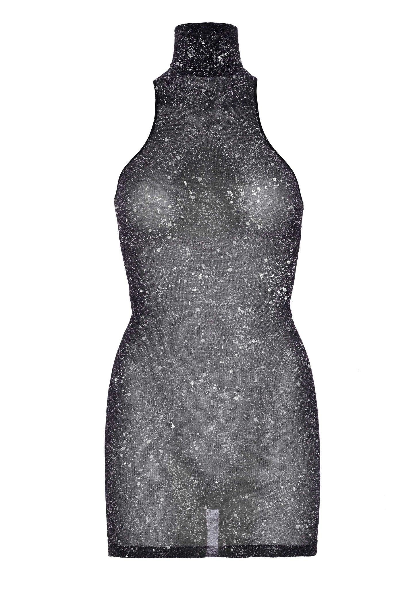 Leg Avenue 86101 Lurex Dress - Black semi-opaque turtle neck dress with sparkly silver lame' throughout, perfect for the party season. Please note that this item is transparent and made from a nylon tights material.