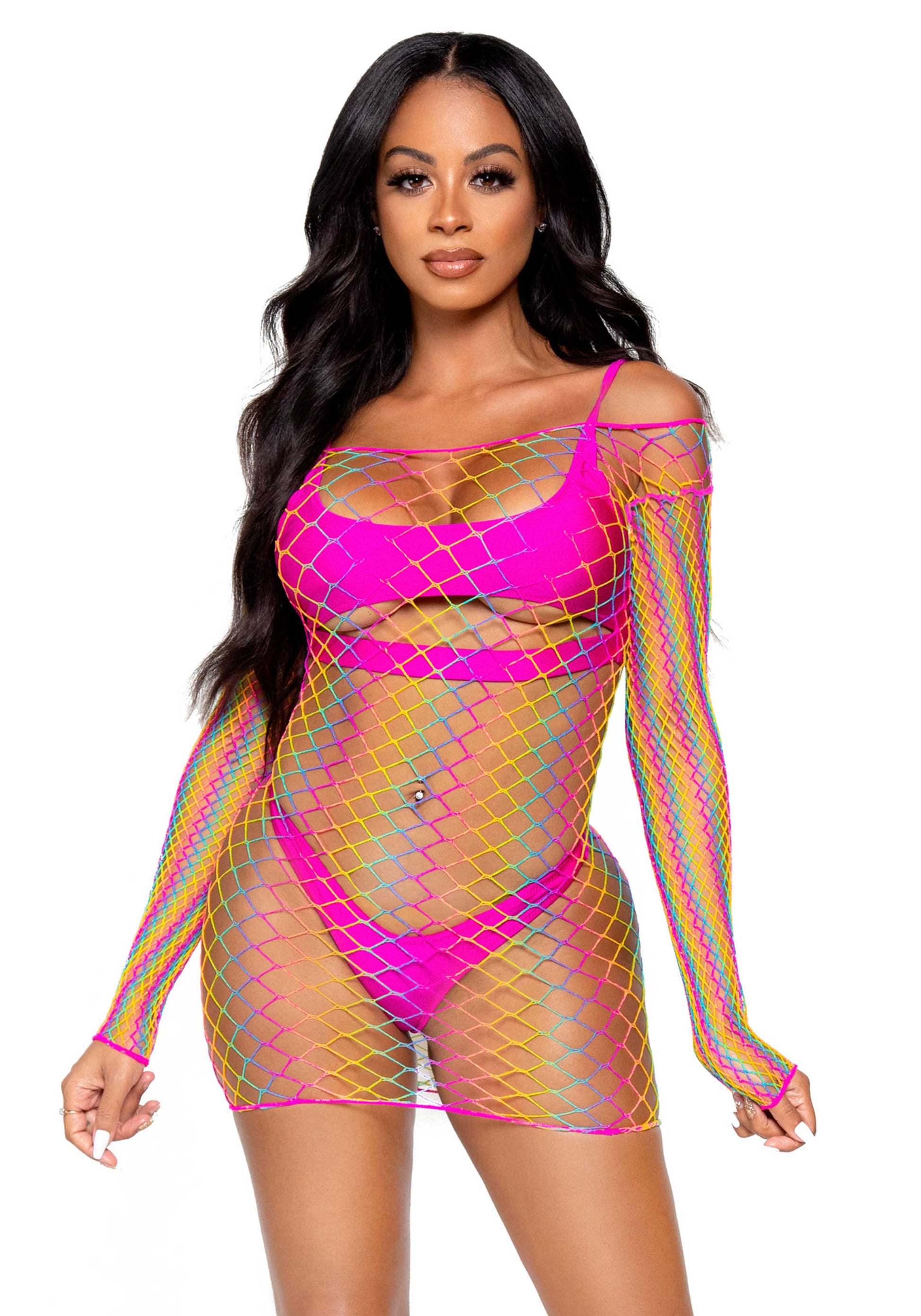 Leg Avenue 86131 Rainbow Net Mini Dress - Striped multicoloured fence fishnet mini dress with scooped neck and smaller fishnet sleeves.