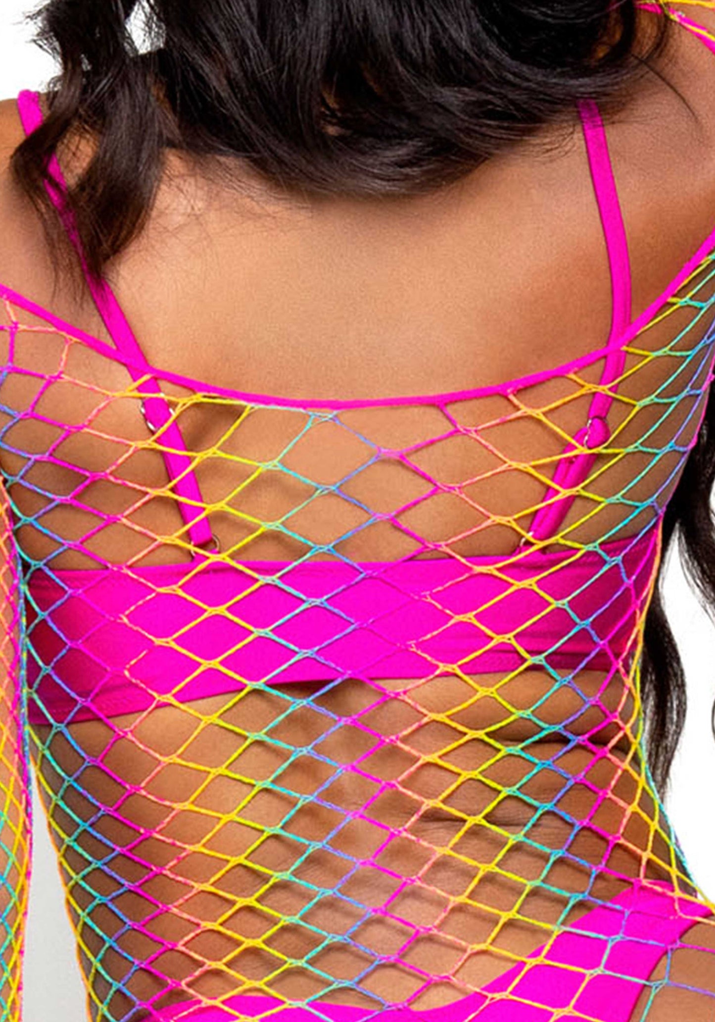 Leg Avenue 86131 Rainbow Net Mini Dress - Striped multicoloured fence fishnet mini dress with scooped neck and smaller fishnet sleeves.