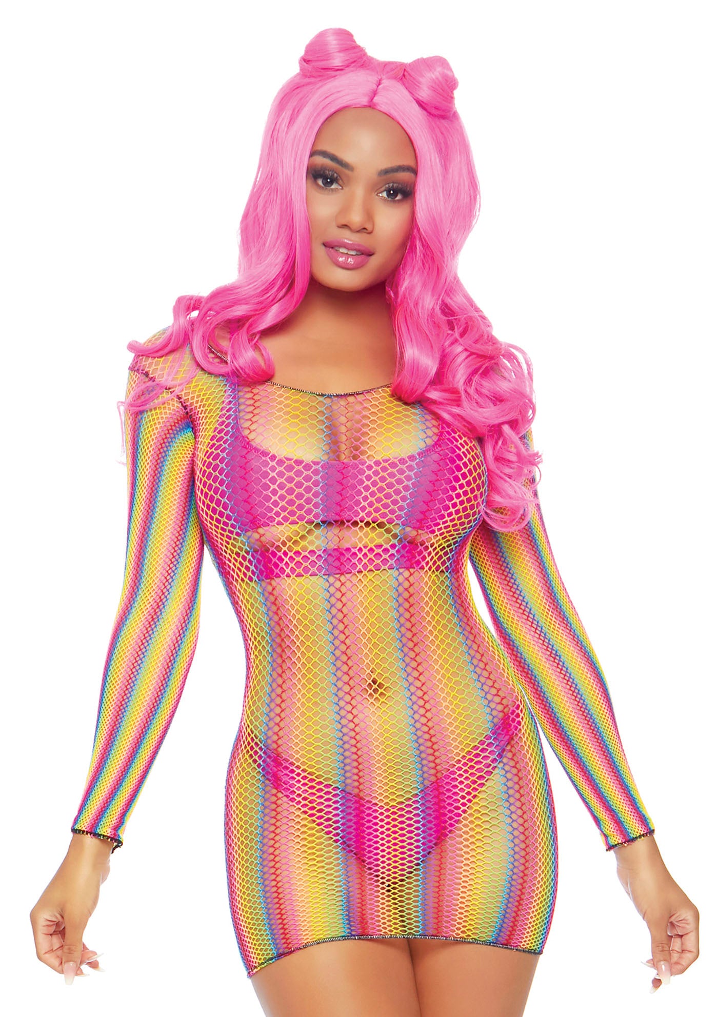 Leg Avenue 86795 Rainbow Fishnet Mini Dress - Striped multicoloured fishnet mini dress with scooped neck.