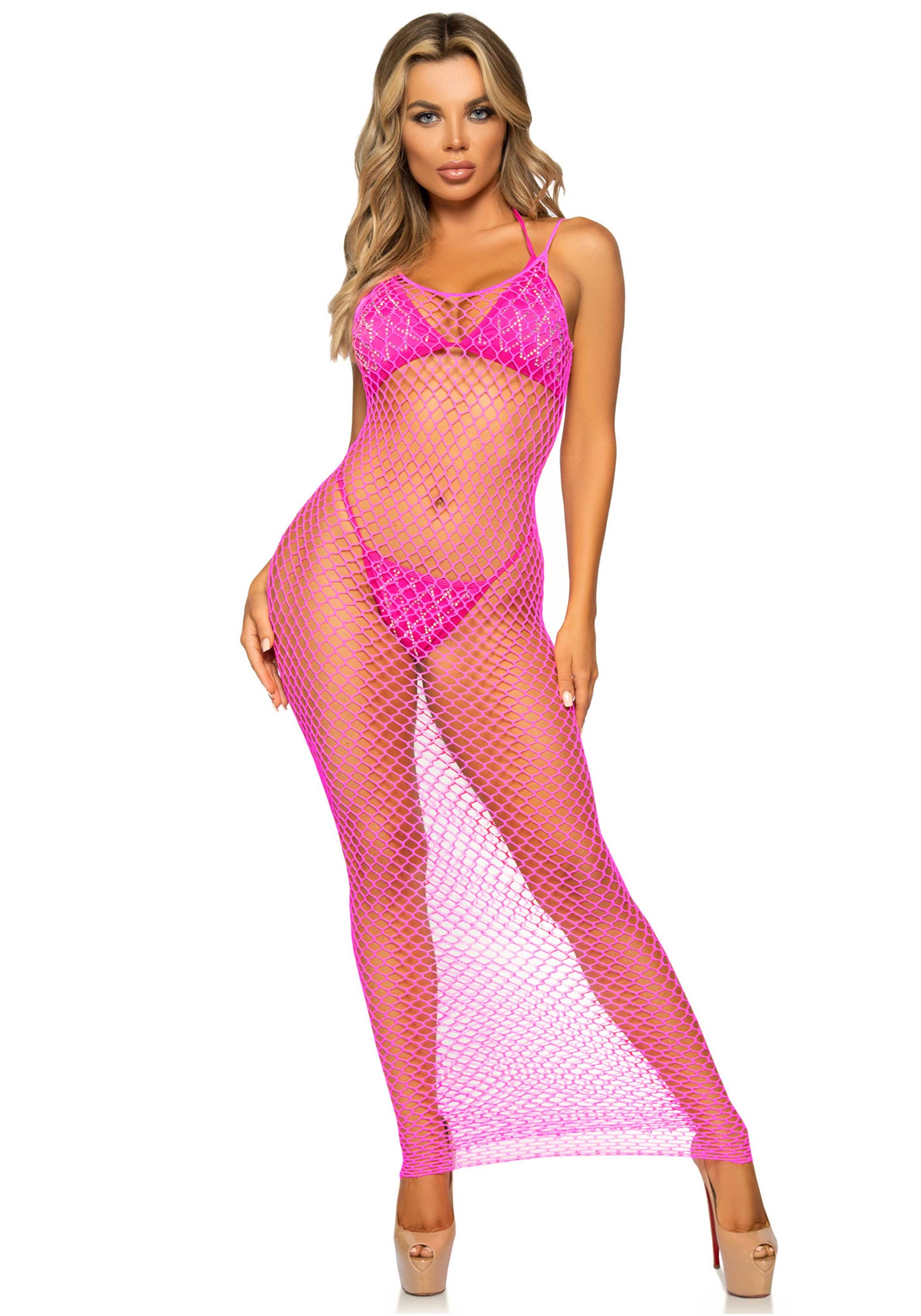 Leg Avenue 86963 Fishnet Dress - Neon Pink woven thick twist net maxi dress with elasticated straps and low back. Perfect for layering with beachwear or for festivals.