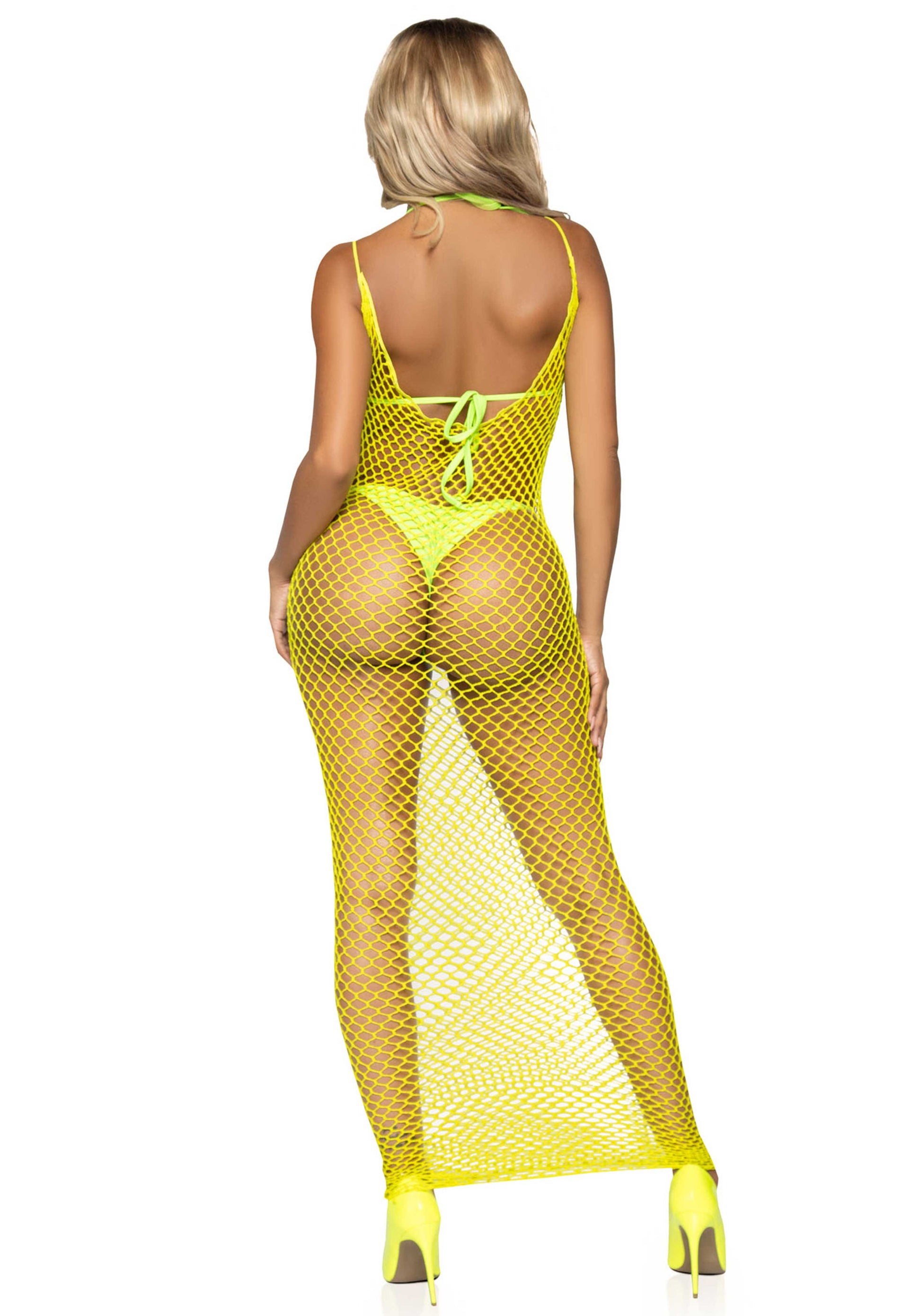 Leg Avenue 86963 Fishnet Dress - Lemon yellow woven thick twist net maxi dress with elasticated straps and low back. Perfect for layering with beachwear or for festivals.