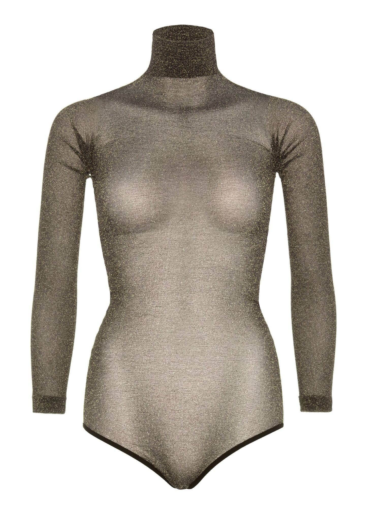 Leg Avenue 89242 Lurex Bodysuit - Black semi-opaque turtle neck long sleeved body-top with gold sparkly lame' throughout and snap fastener closures, perfect for the party season. Please note that this item is transparent and made from a nylon tights material.