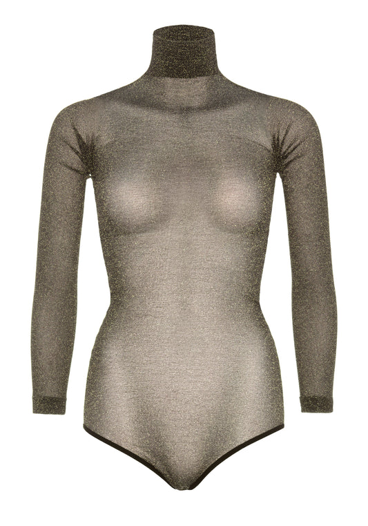 Leg Avenue 89242 Lurex Bodysuit - Black semi-opaque turtle neck long sleeved body-top with gold sparkly lam̩ throughout and snap fastener closures, perfect for the party season. Please note that this item is transparent and made from a nylon tights material.