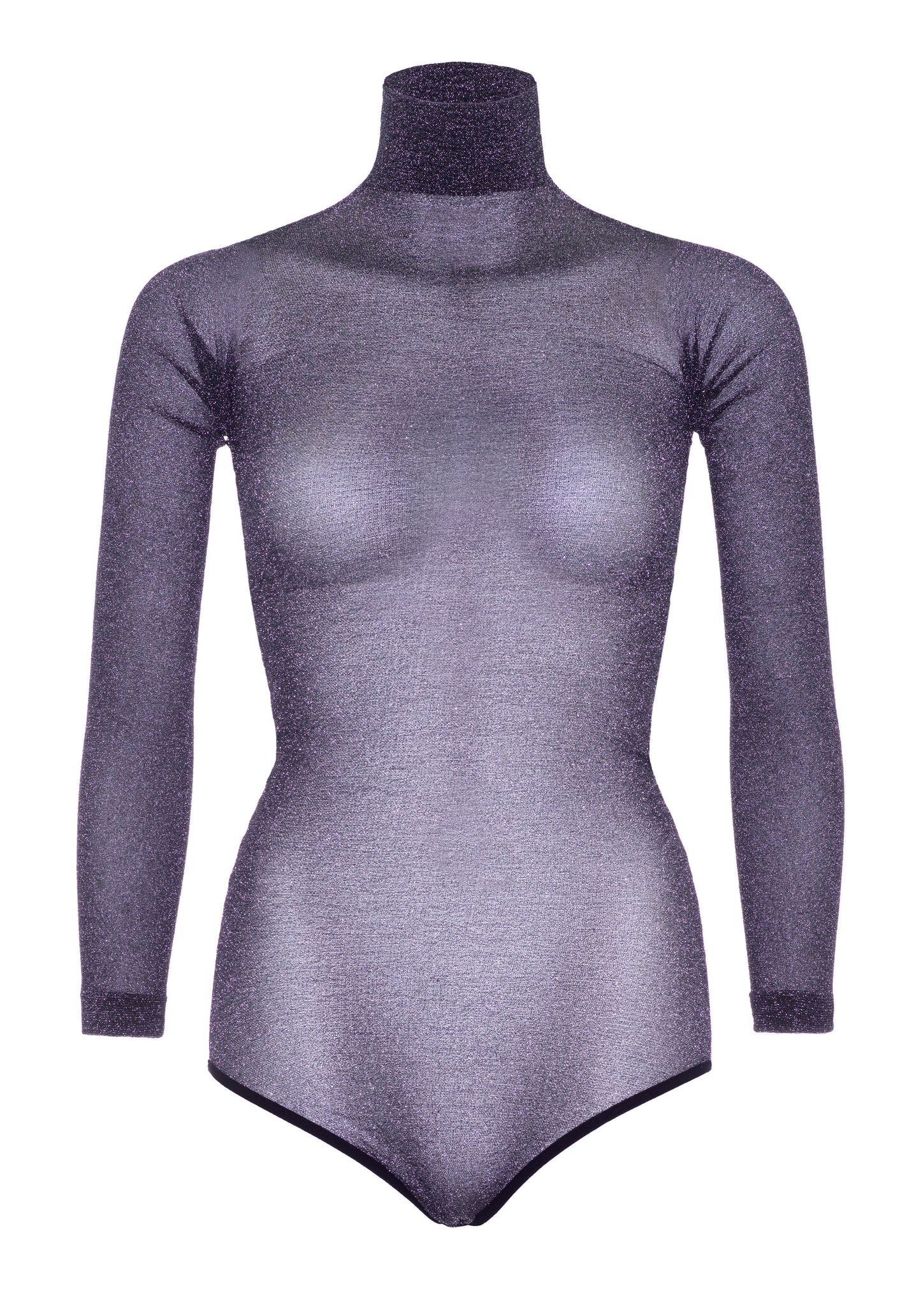 Leg Avenue 89242 Lurex Bodysuit - Black semi-opaque turtle neck long sleeved body-top with silver sparkly lame' throughout and snap fastener closures, perfect for the party season. Please note that this item is transparent and made from a nylon tights material.