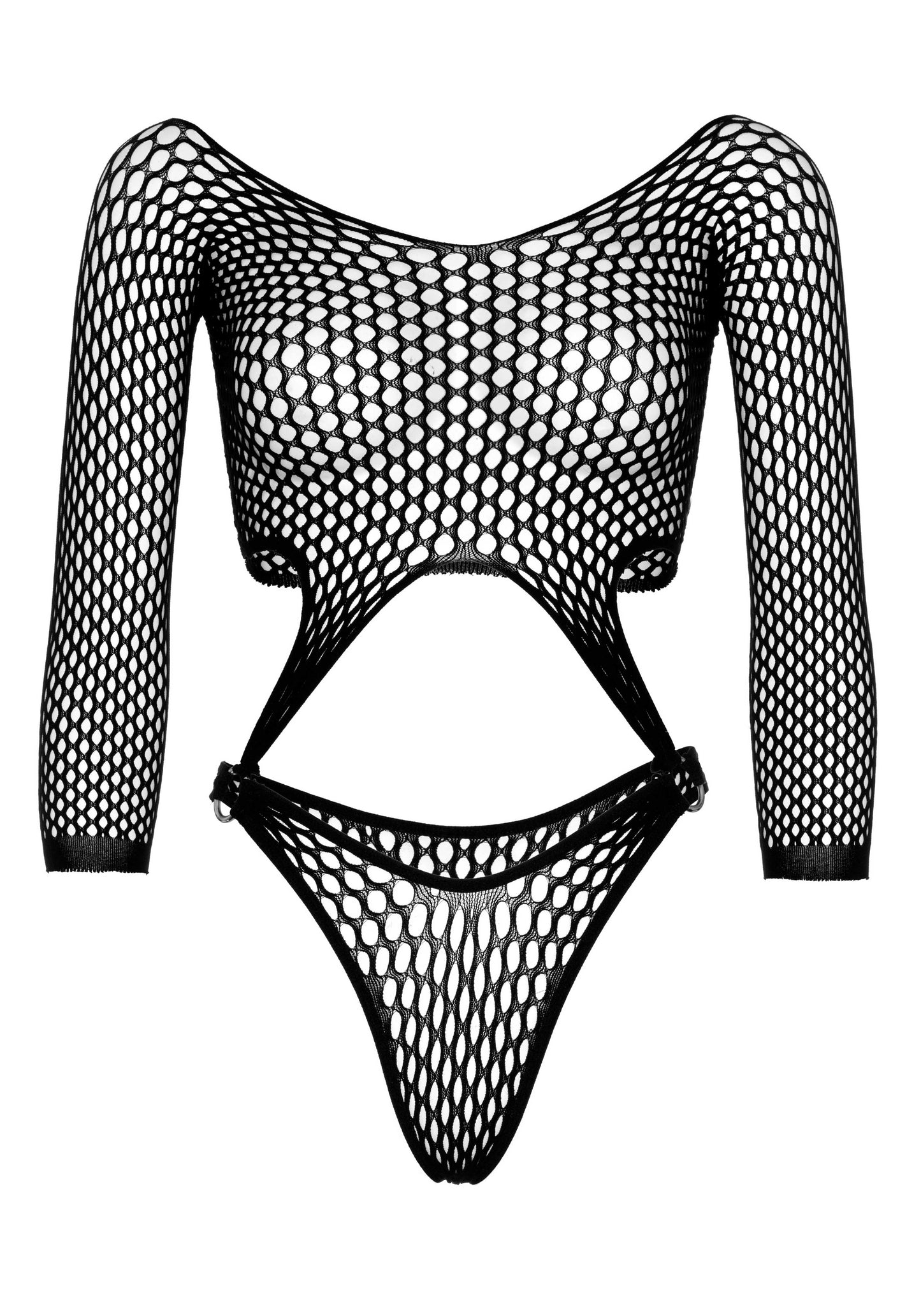Leg Avenue 89289 Fishnet Bodysuit - Black long sleeved pothole fishnet crop top with thong panty attached with silver O-rings.