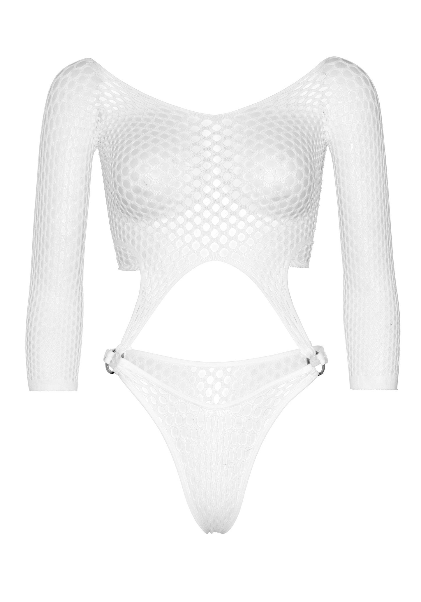 Leg Avenue 89289 Fishnet Bodysuit - White long sleeved pothole fishnet crop top with thong panty attached with silver O-rings.
