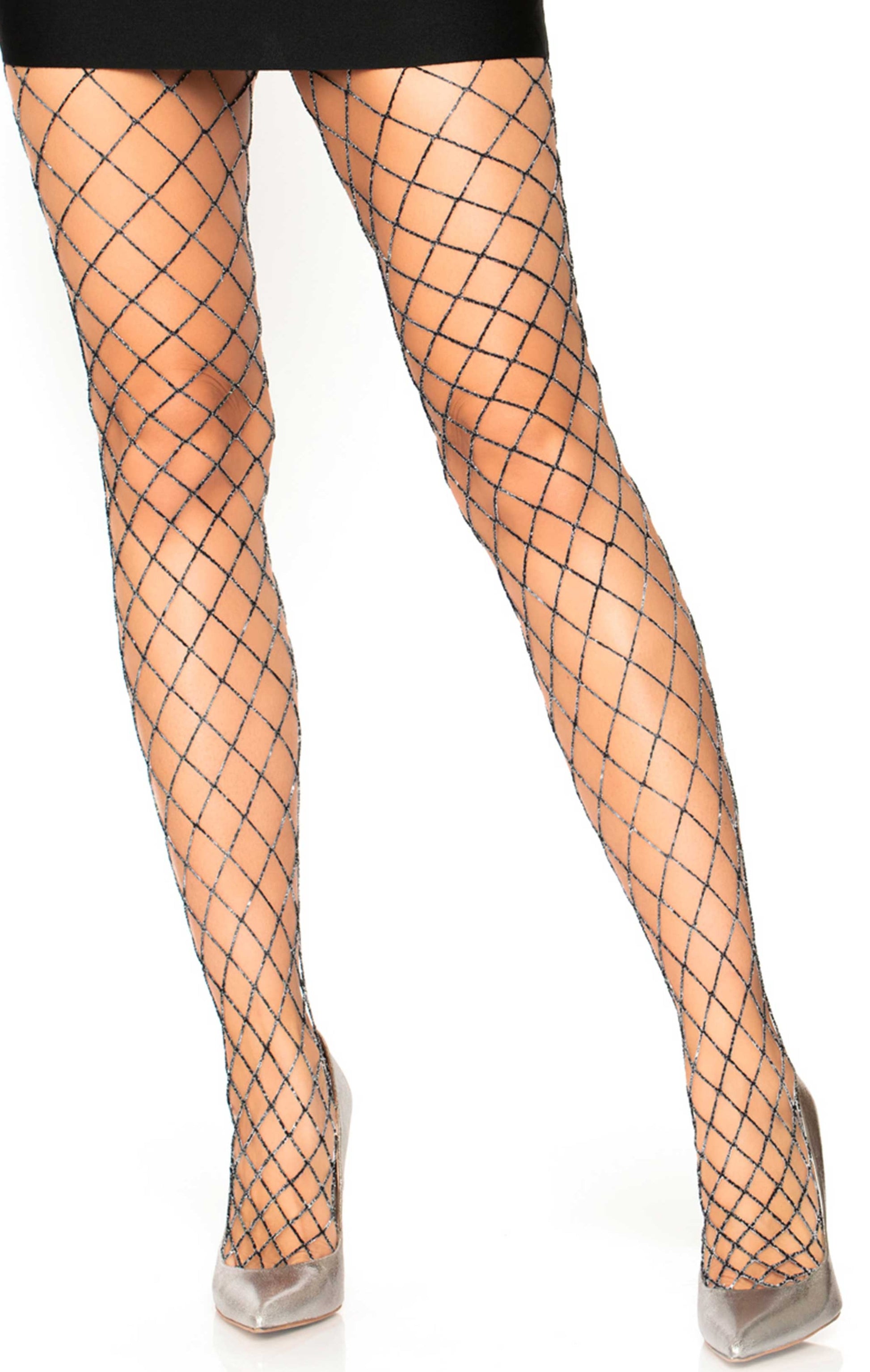 Leg Avenue 9006 Lurex Fishnet Tights - Black diamond fishnet tights with sparkly silver lame' throughout, perfect for the party season.
