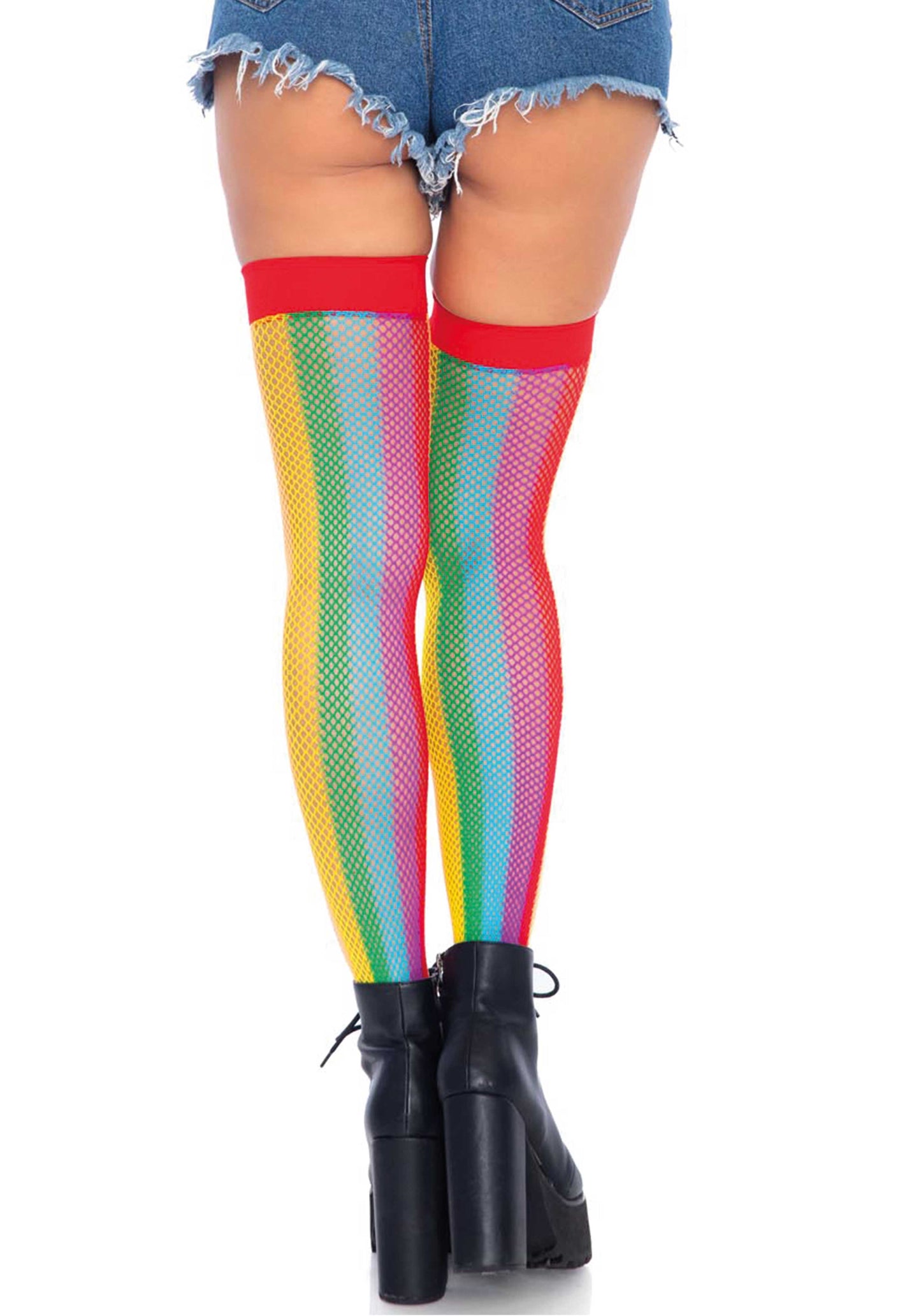 Leg Avenue 9290 Rainbow Fishnet Thigh Highs - Classic fishnet thigh high socks with vertical rainbow colour stripes and plain red elasticated top.
