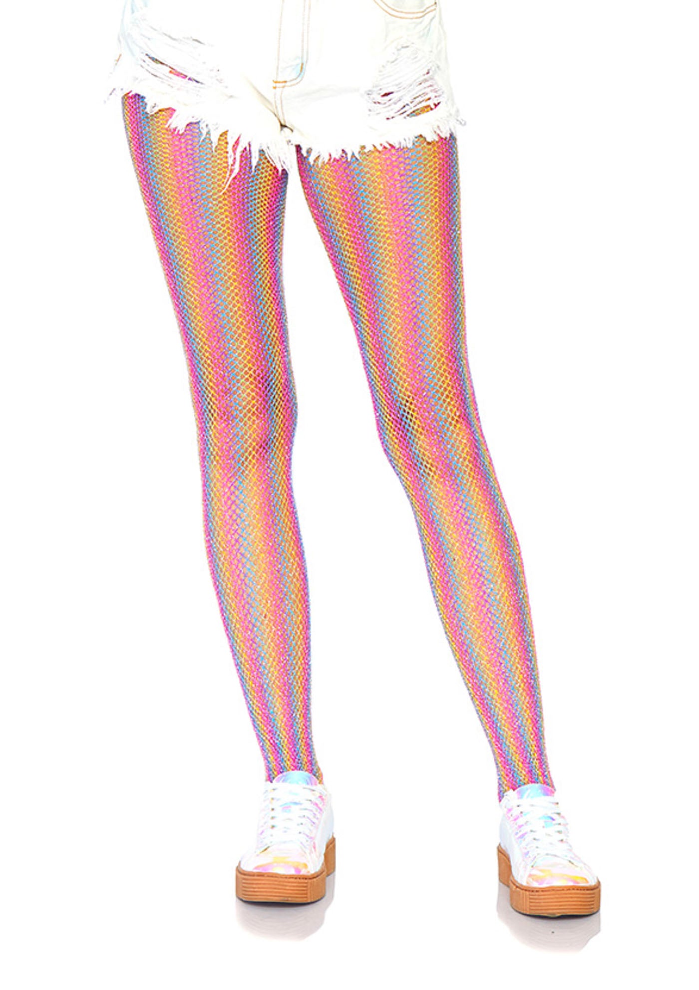 Leg Avenue 9308 Lurex Rainbow Fishnet Tights - Micro fishnet sparkly glitter tights with vertical rainbow coloured stripes.