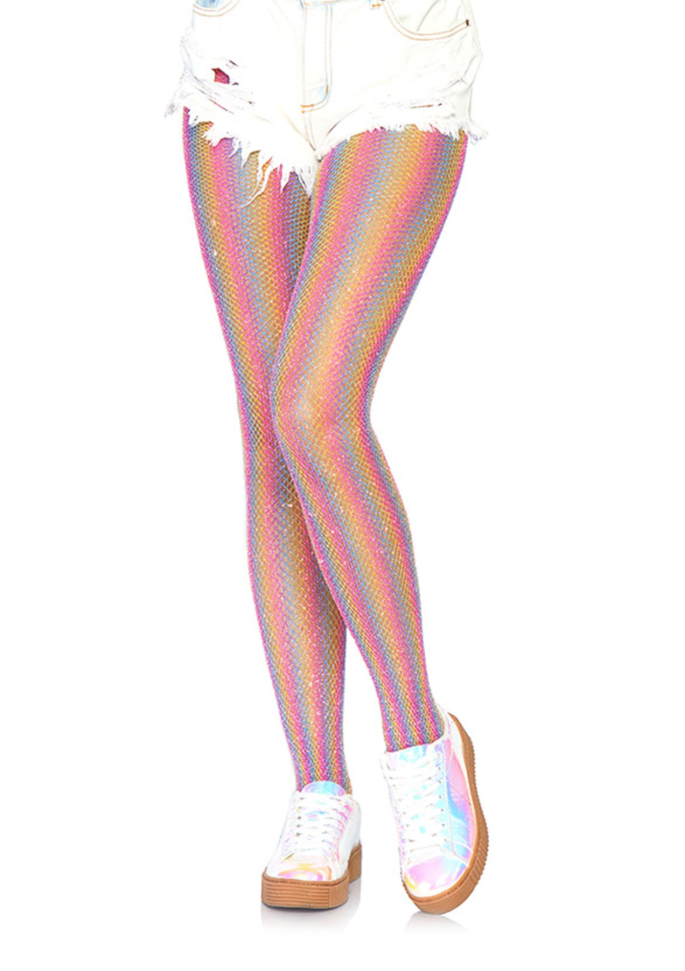 Leg Avenue 9308 Lurex Rainbow Fishnet Tights - Micro fishnet sparkly glitter tights with vertical rainbow coloured stripes.