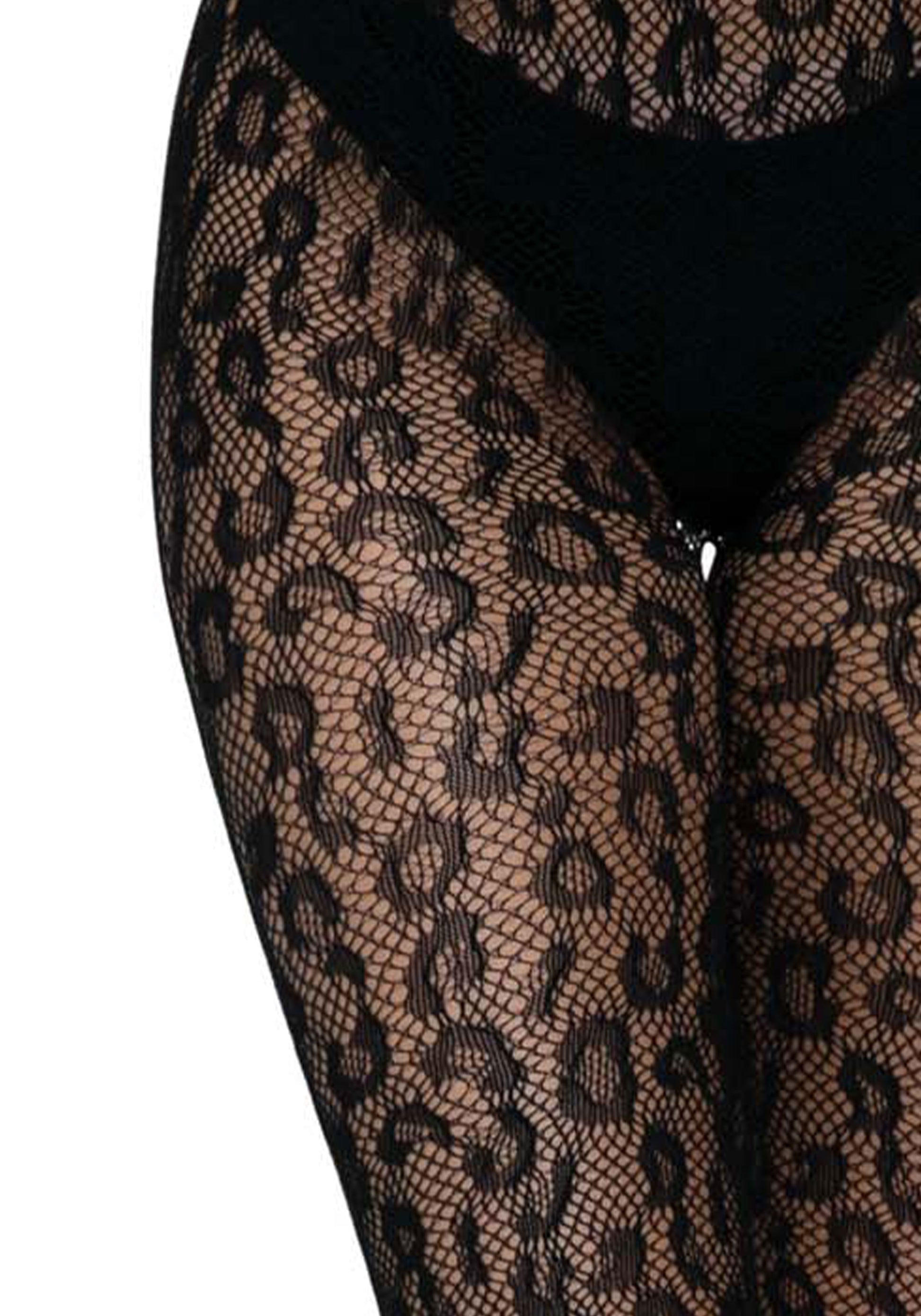 Leg Avenue 9716 Leopard Net Tights - Black fishnet tights with woven leopard print style pattern.