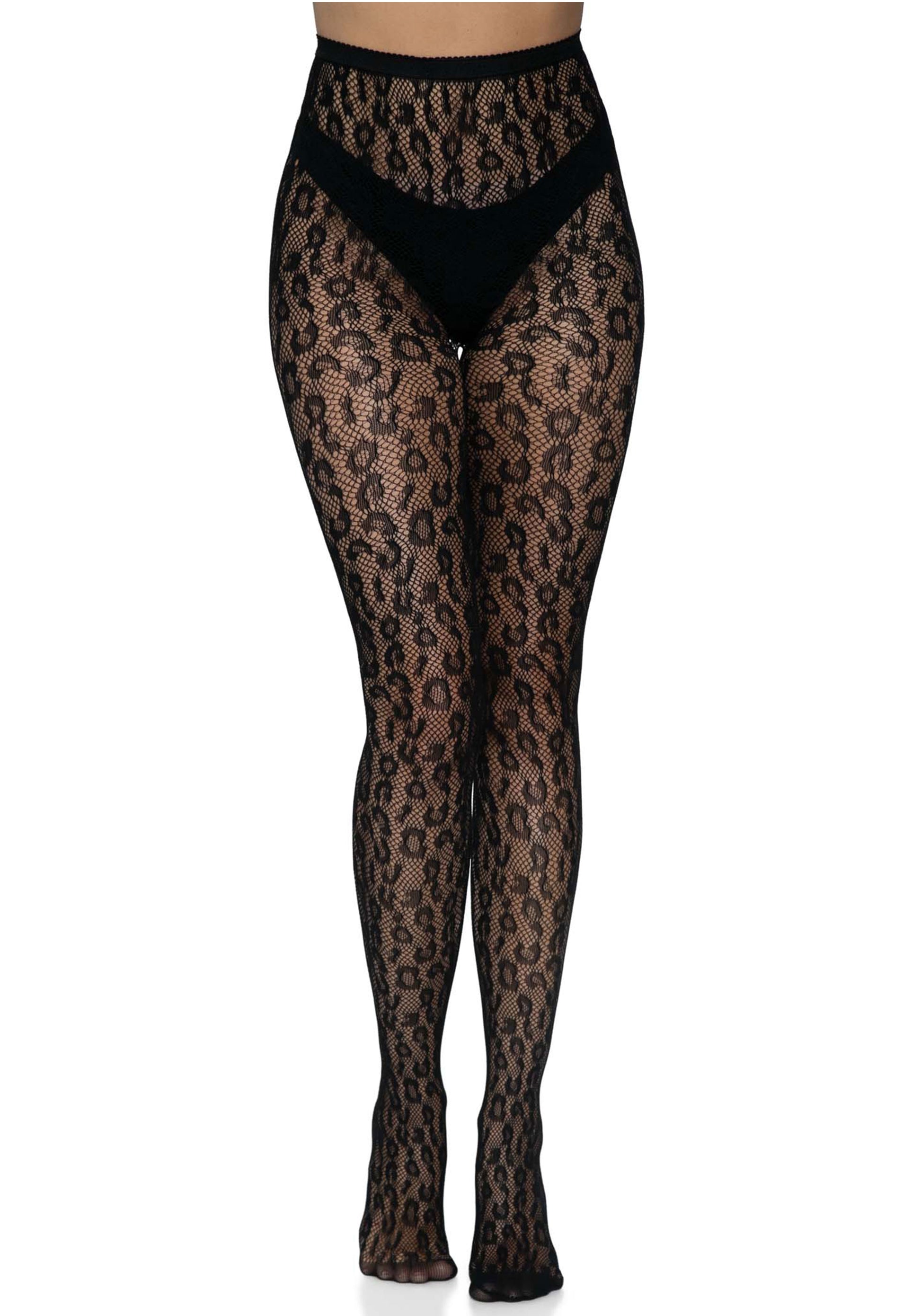 Leg Avenue 9716 Leopard Net Tights - Black fishnet tights with woven leopard print style pattern.