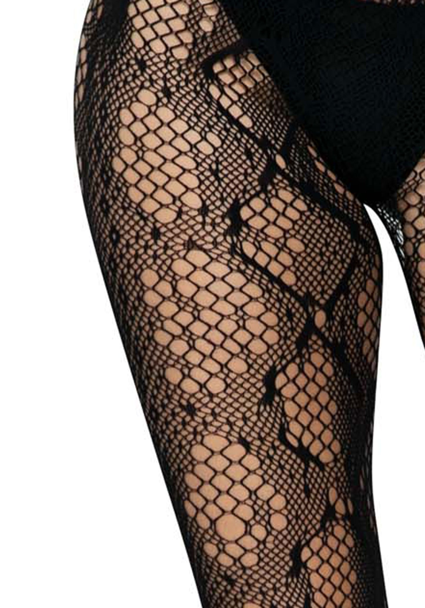 Leg Avenue 9719 Python Net Tights - Black fishnet lace tights with woven snake skin print style pattern.