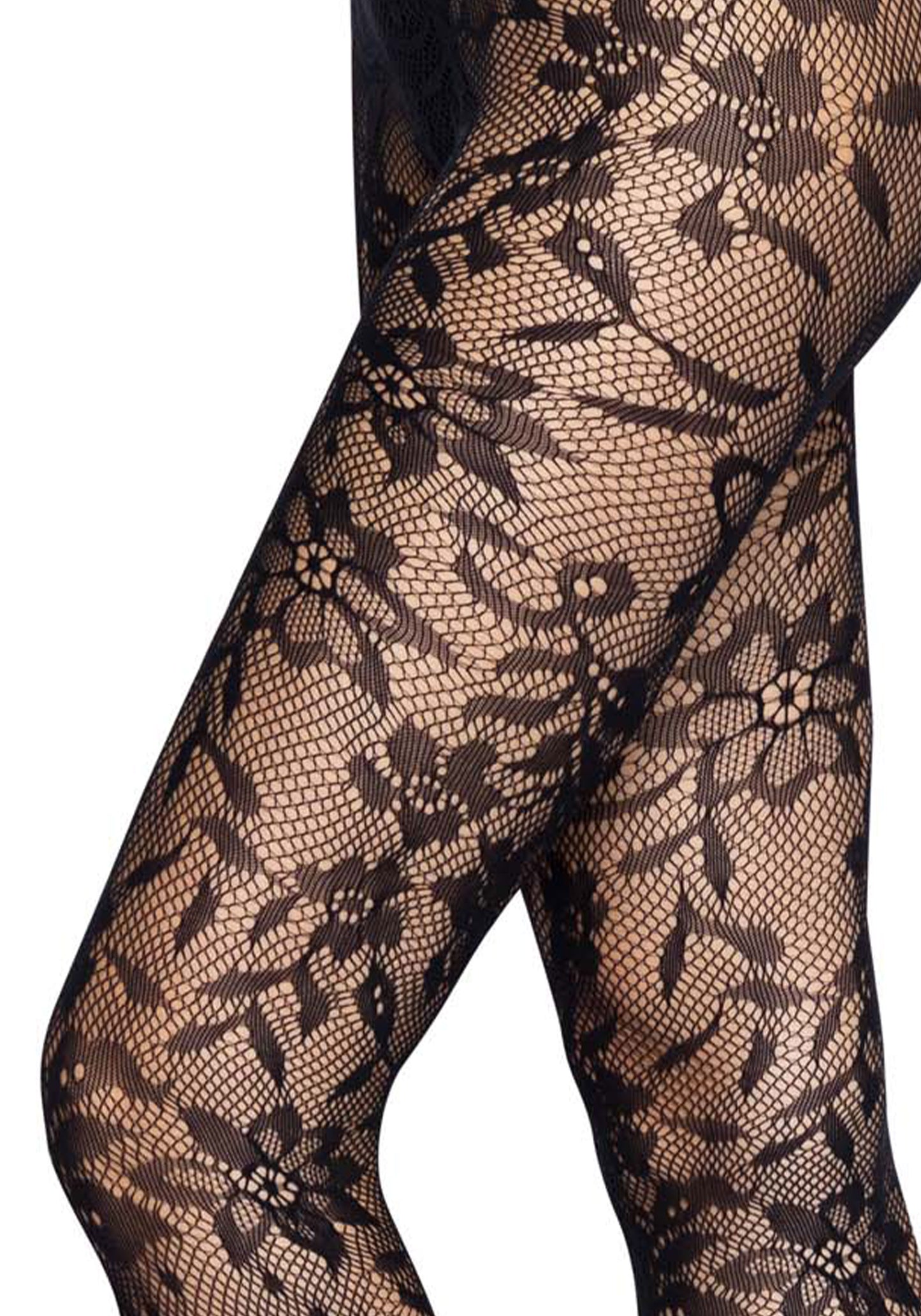 Leg Avenue 9727 Seamless Floral Tights - Black flower lace fishnet style fashion tights with a seamless body and micro mesh toe.