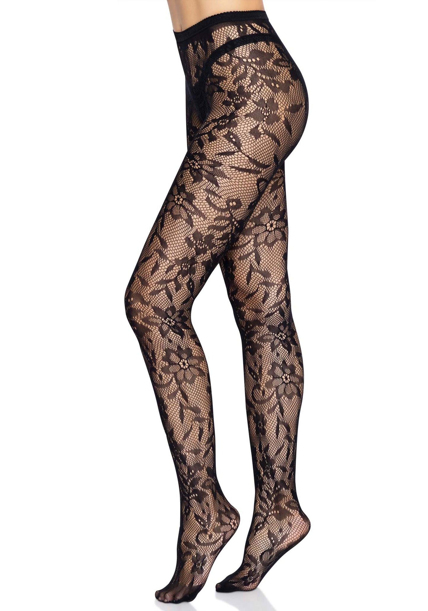 Leg Avenue 9727 Seamless Floral Tights - Black flower lace fishnet style fashion tights with a seamless body and micro mesh toe.