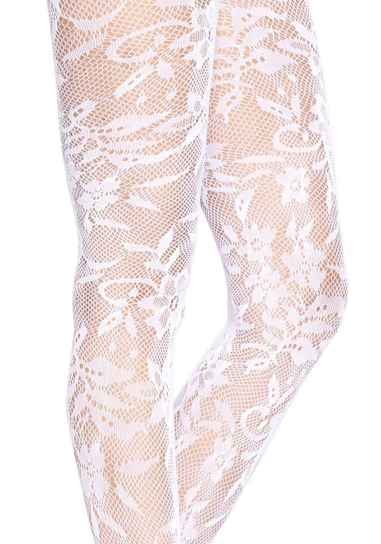 Leg Avenue 9727 Seamless Floral Tights - White flower lace fishnet style fashion tights with a seamless body and micro mesh toe.