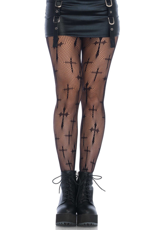 Leg Avenue 9753 Cross Net Tights - Black fishnet tights with a variety of crosses and crucifixes.