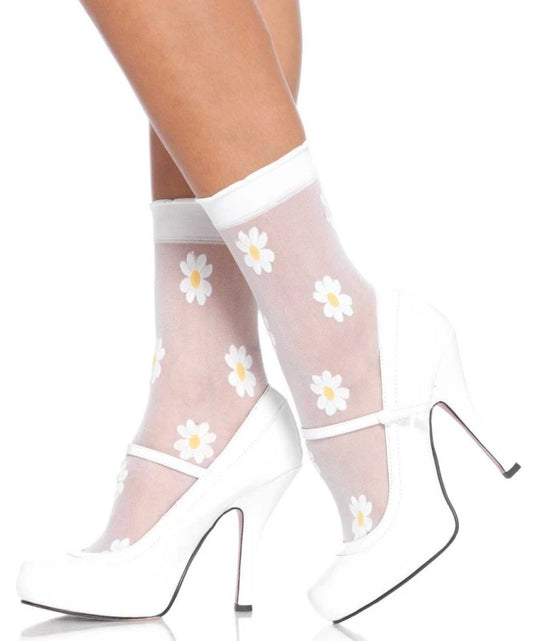 Leg Avenue 3036 Daisy Anklets - sheer white fashion ankle socks with flower pattern