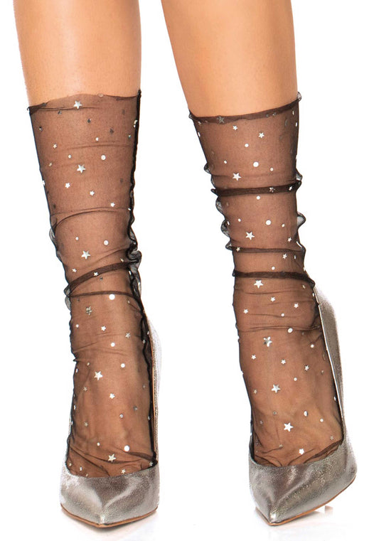 Leg Avenue 3047 Tulle Star and moons socks - sheer mesh black fashion socks with metallic silver embellishments