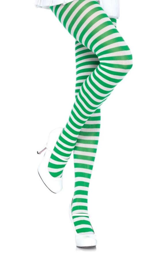 Leg Avenue 7100 Nylon Stripe Tights - green and white horizontal striped pantyhose