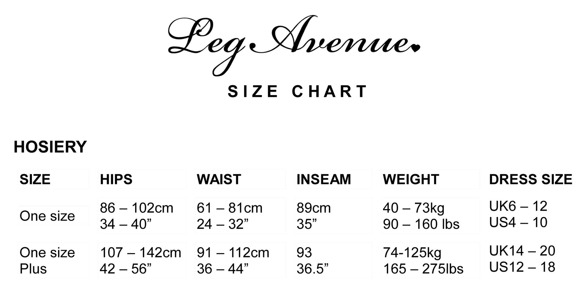 Leg Avenue Size Chart