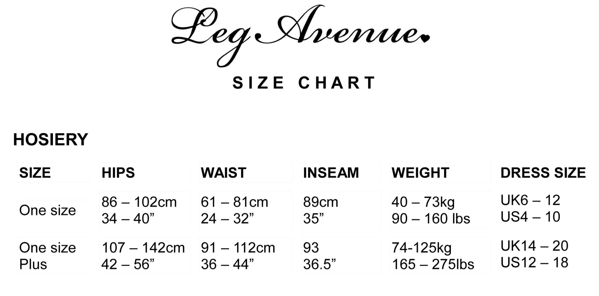 Leg Avenue Size Chart