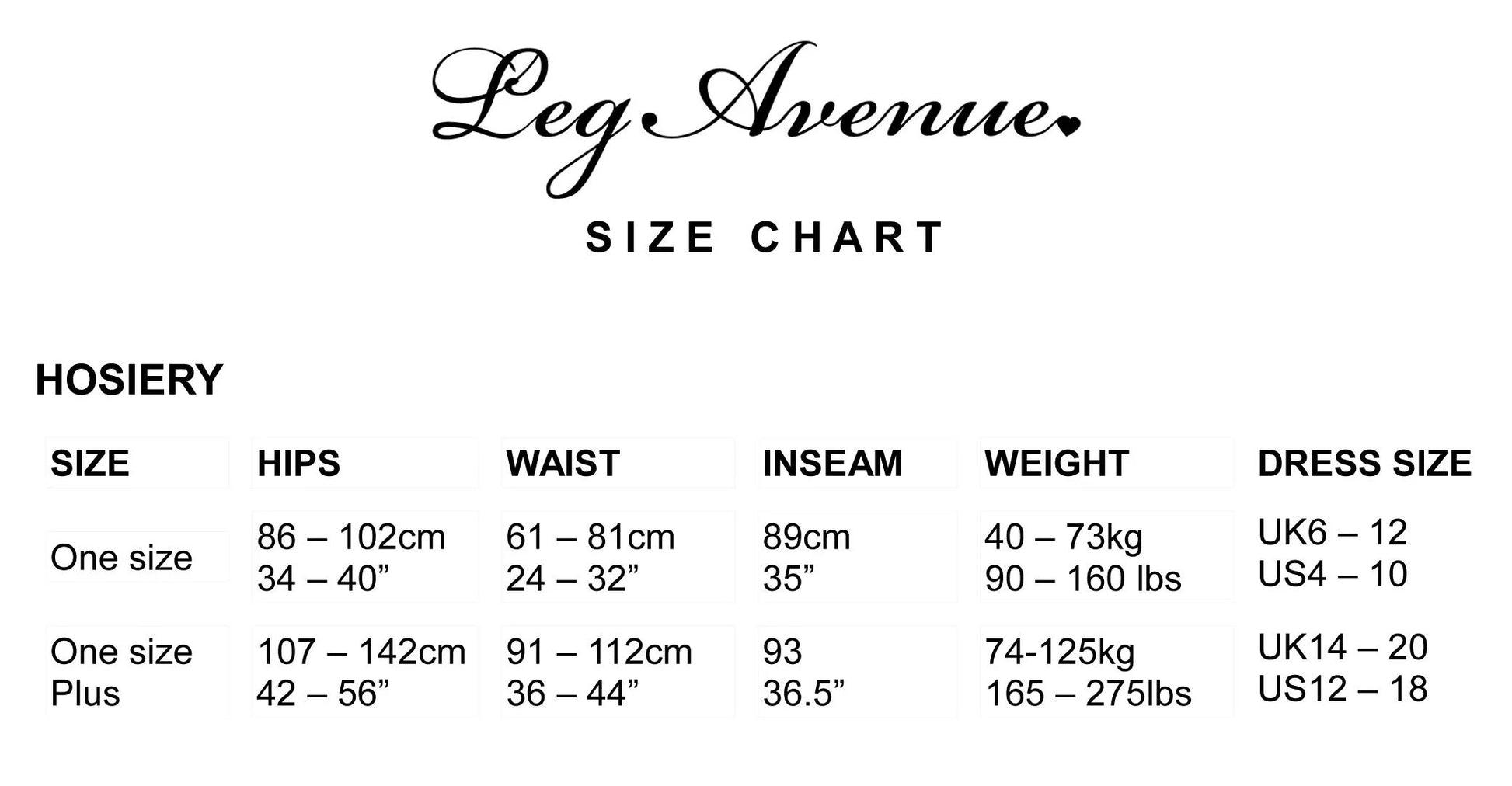 Leg Avenue - Size Chart