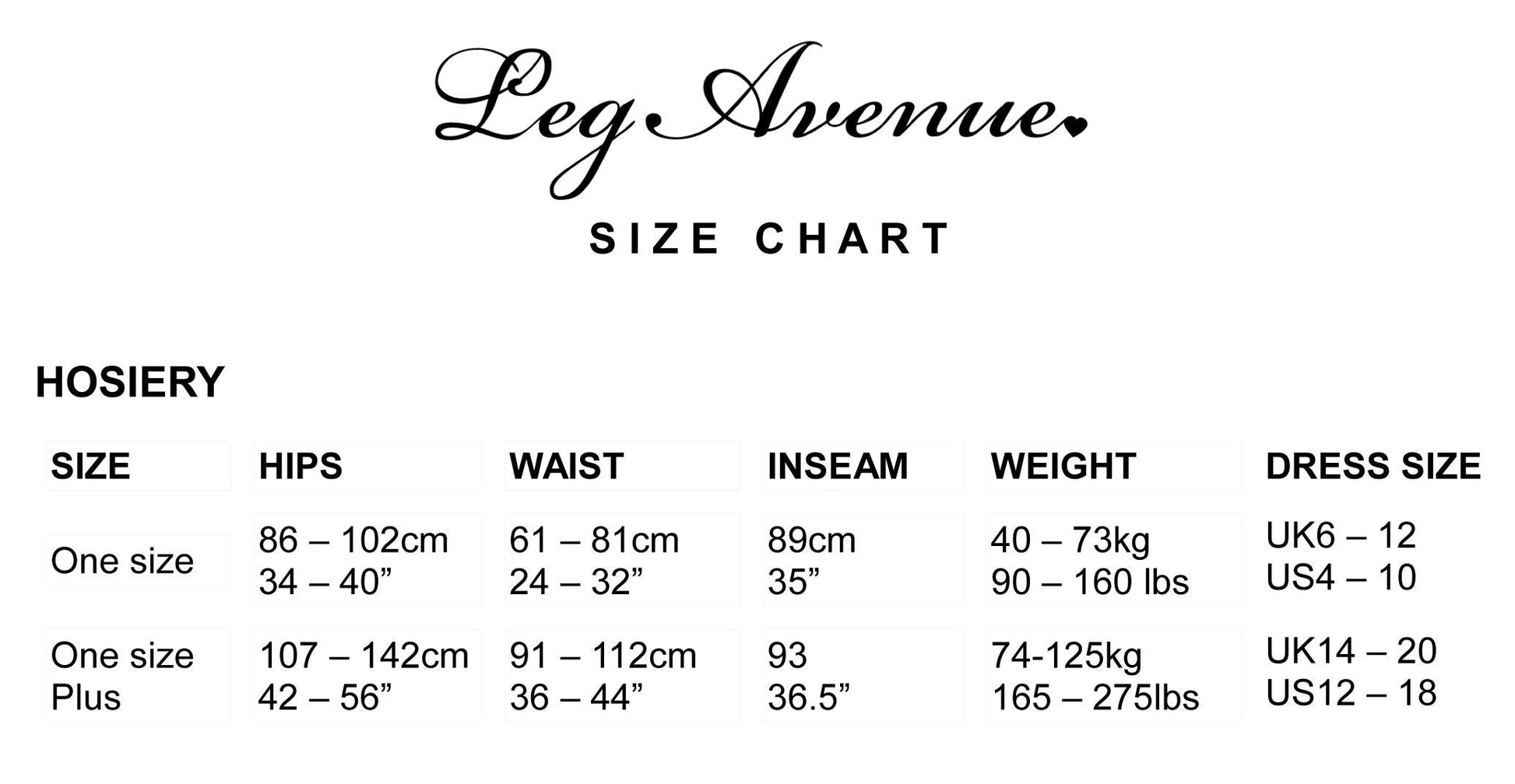 Leg Avenue - Size Chart